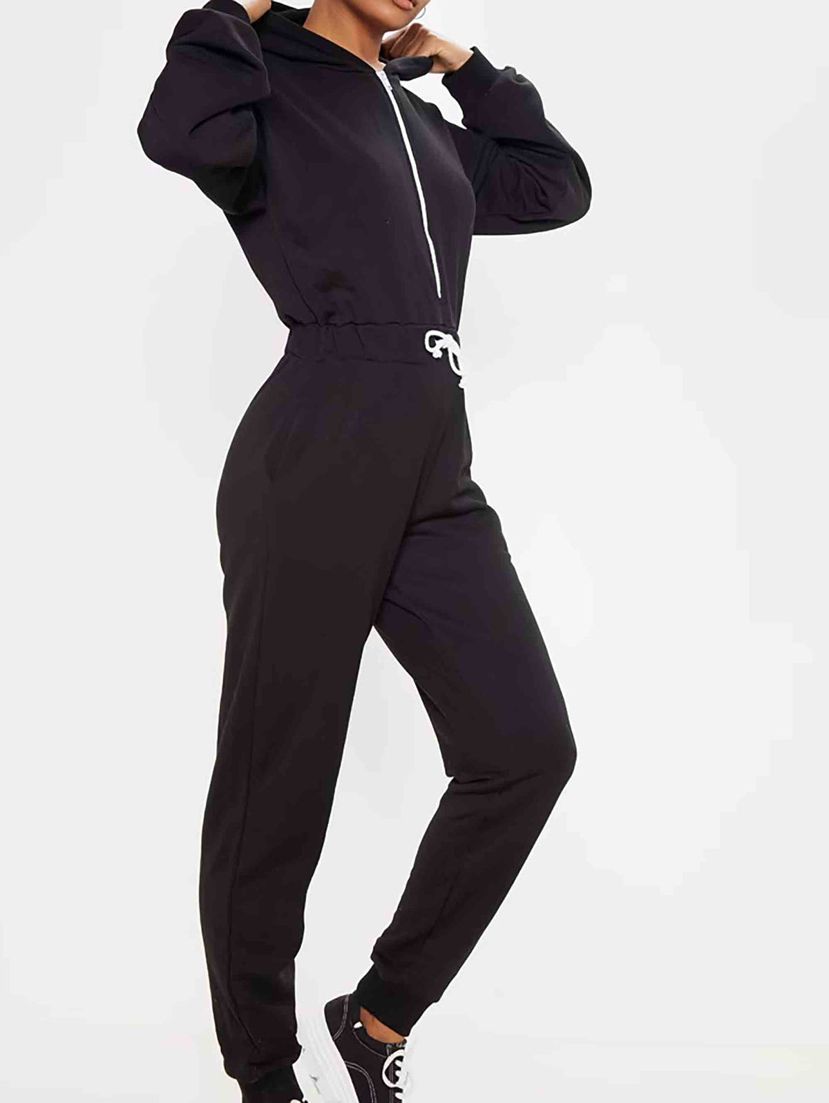 BLACK LONG SLEEVE HOODED SWEAT JUMPSUIT - ThexactStore