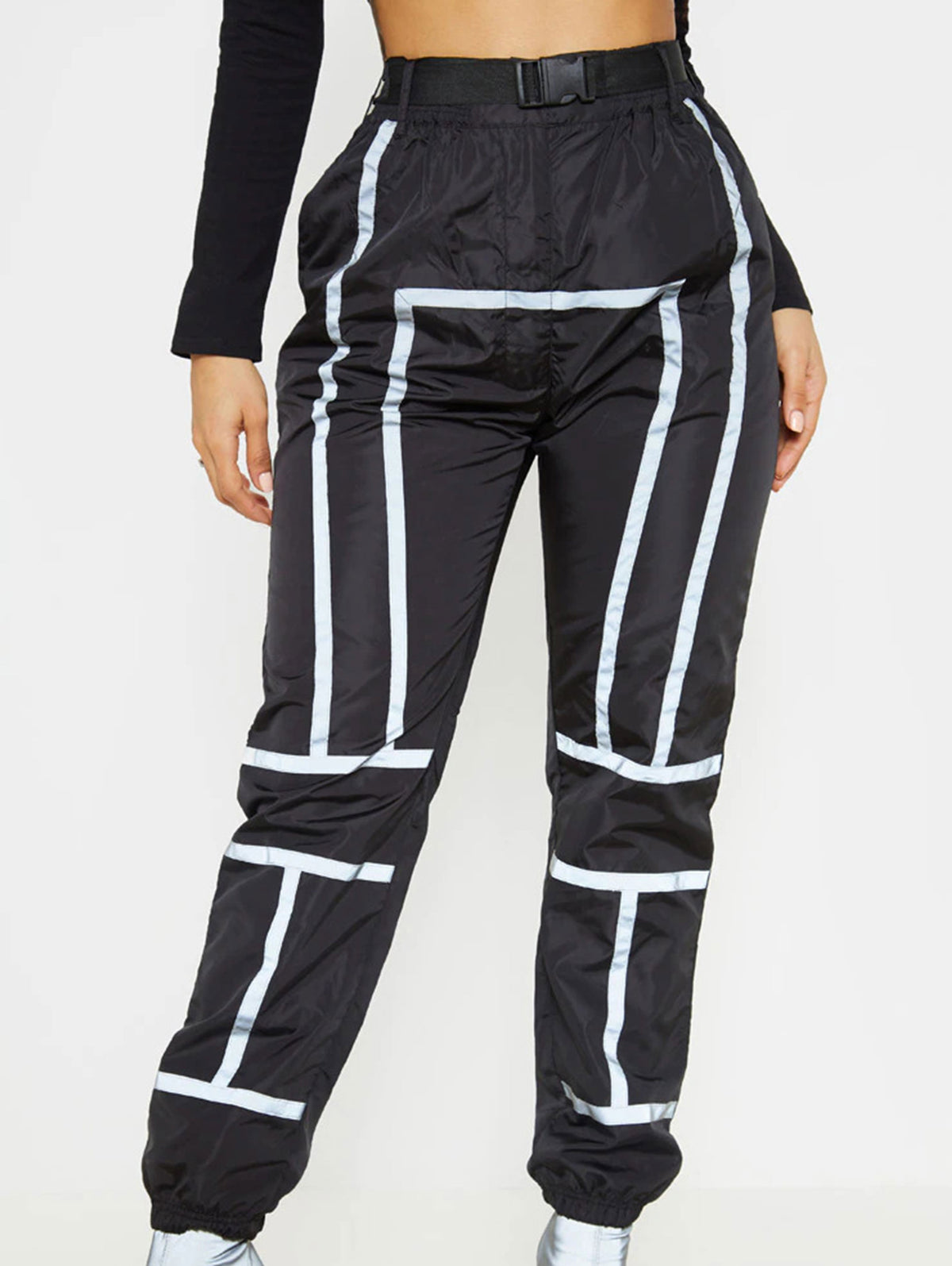 BLACK BELTED REFLECTIVE TAPED CUFFED JOGGERS