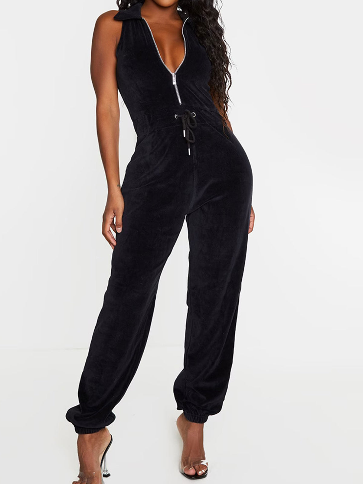 SHAPE BLACK VELOUR TIE WAIST SLEEVELESS JUMPSUIT - ThexactStore