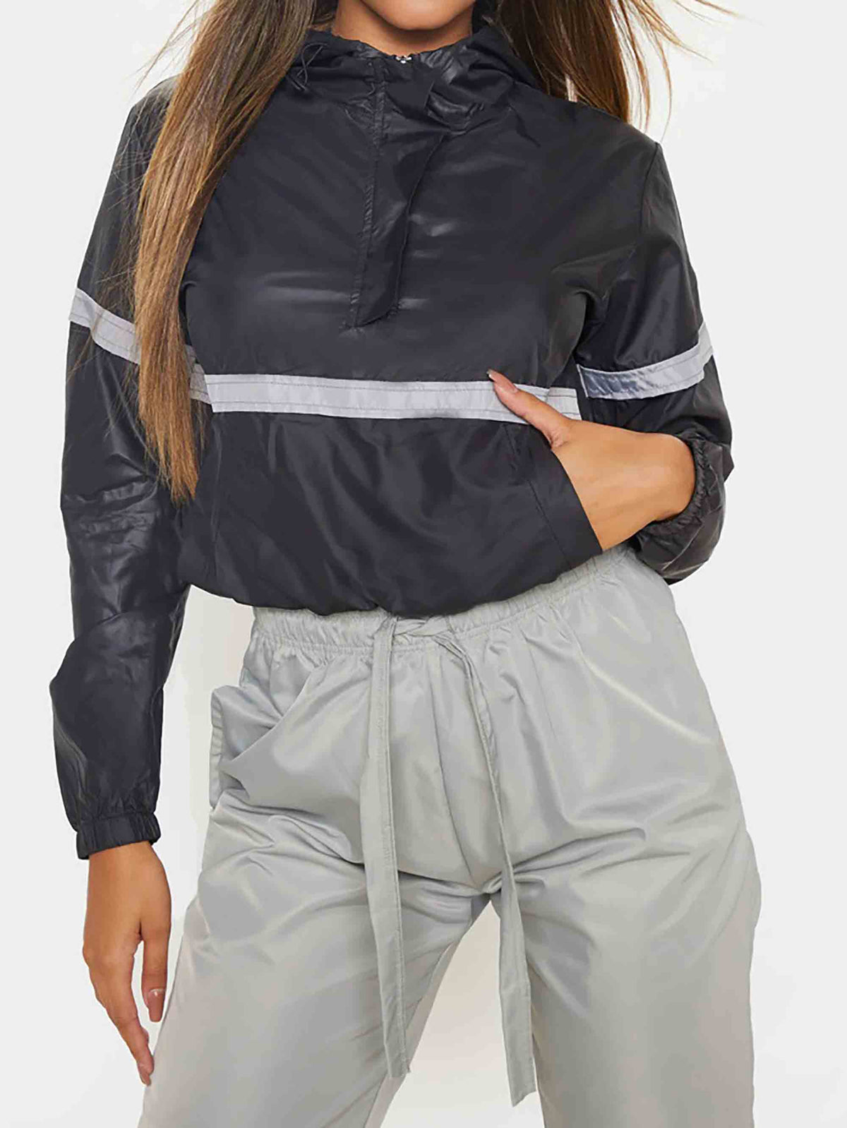 BLACK SHELL REFLECTIVE TAPE TRACKSUIT WINDBREAKER - ThexactStore