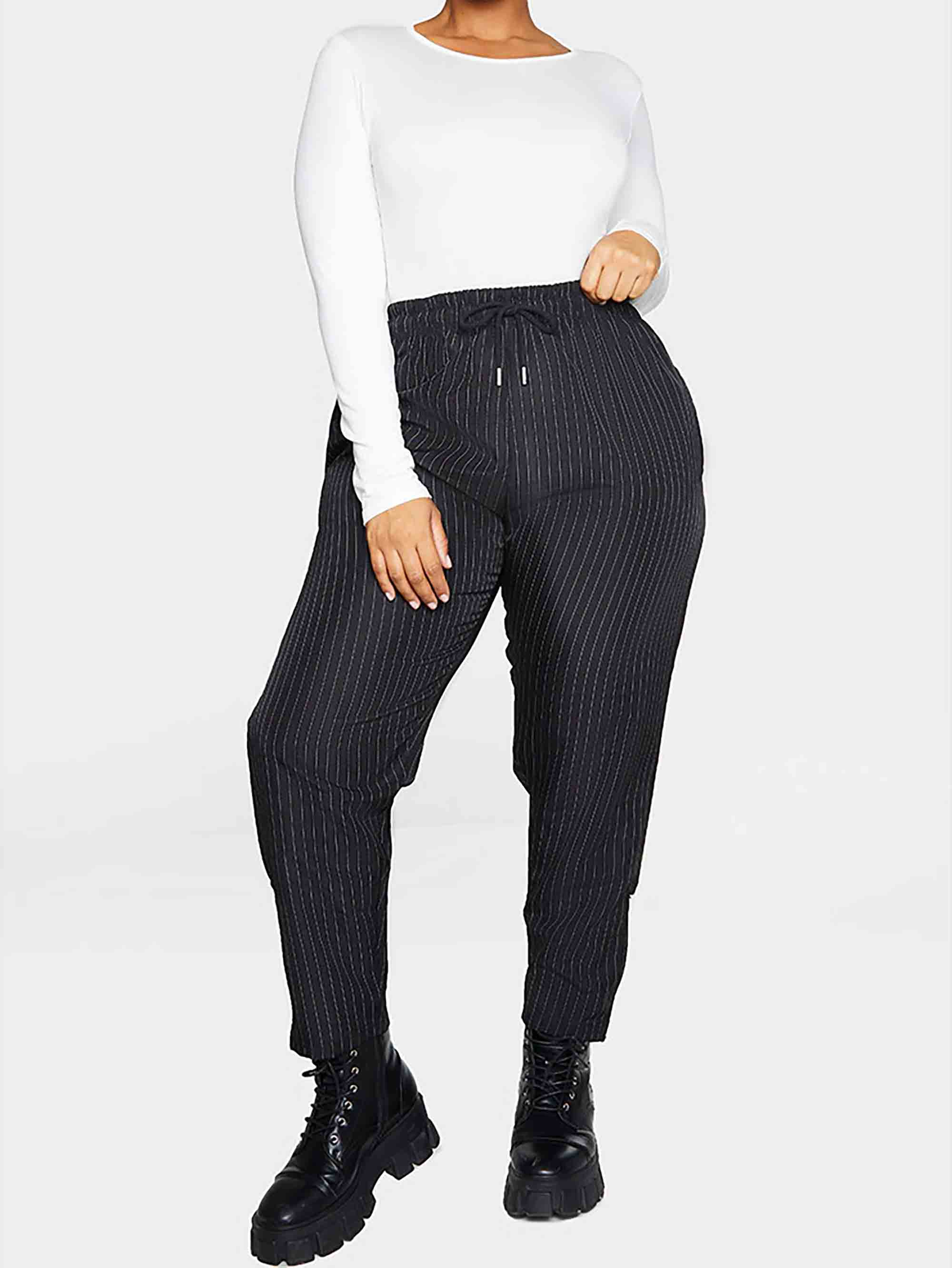 PLUS BLACK PINSTRIPE HIGH WAIST WITH CONTRAST ZIP TROUSERS - ThexactStore