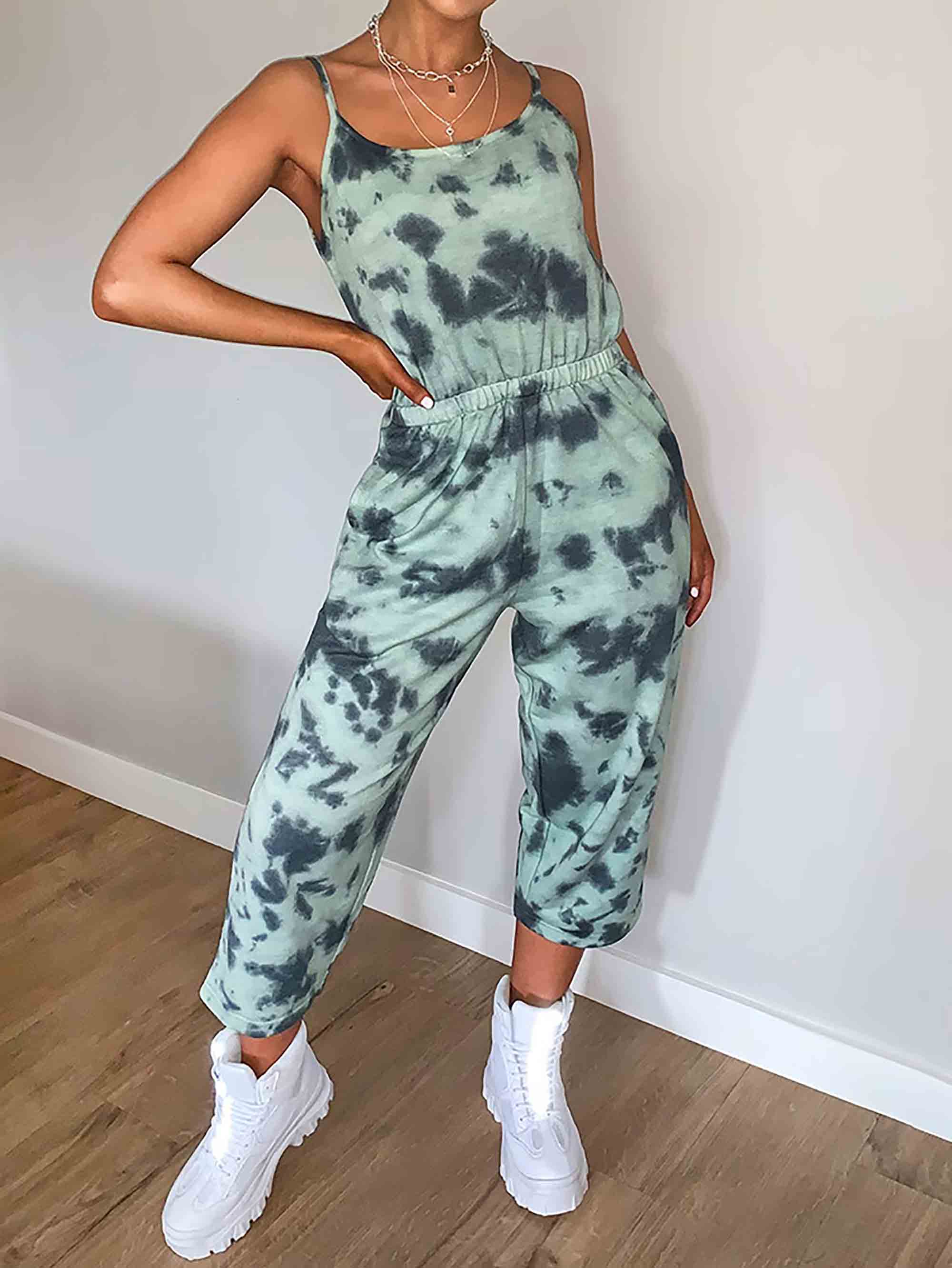 SAGE GREEN TIE DYE STRAPPY SWEAT CULOTTE JUMPSUIT - ThexactStore