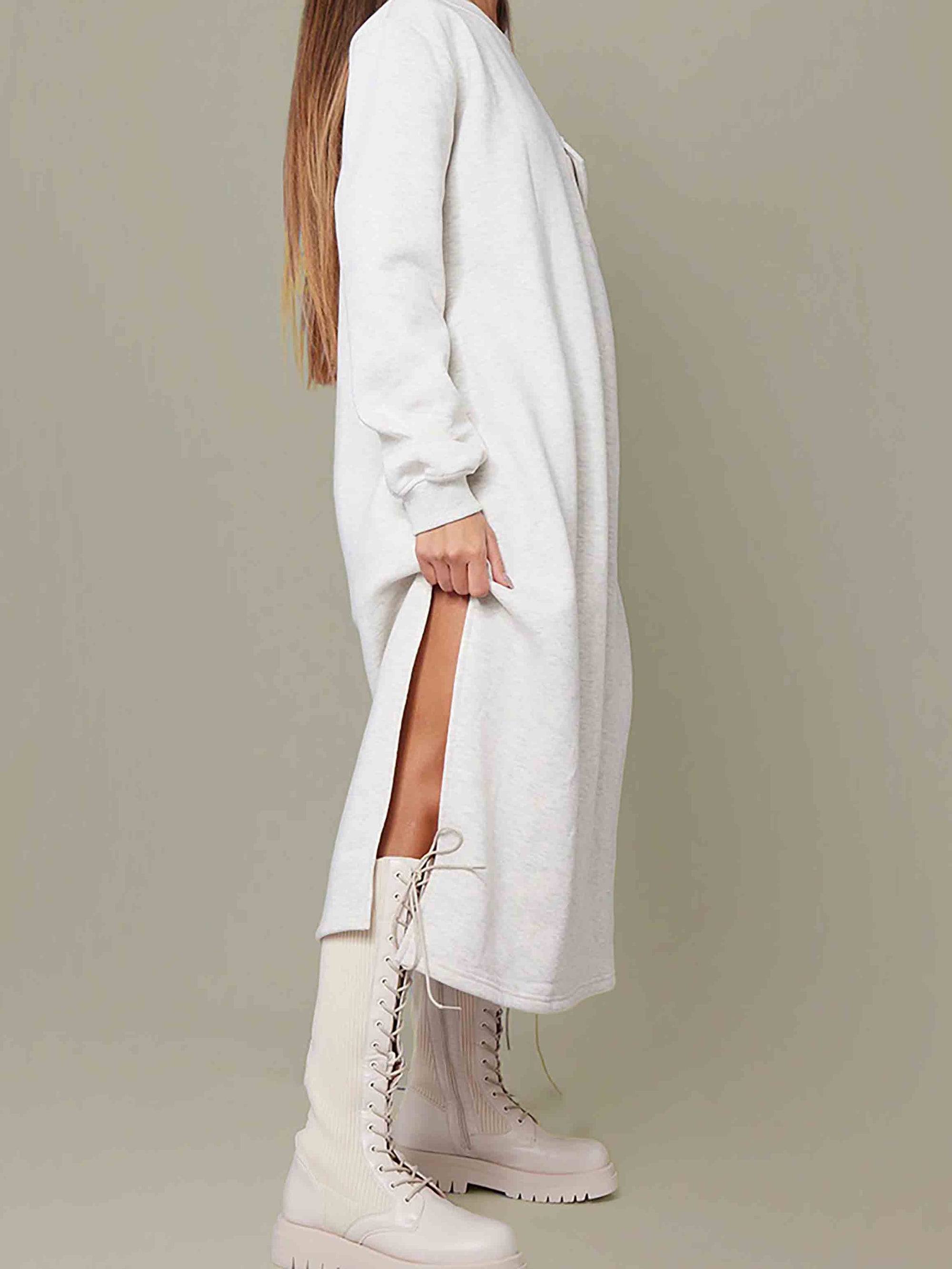 OATMEAL OVERSIZED SPLIT DETAIL MIDAXI FLEECEBACK JUMPER DRESS - ThexactStore