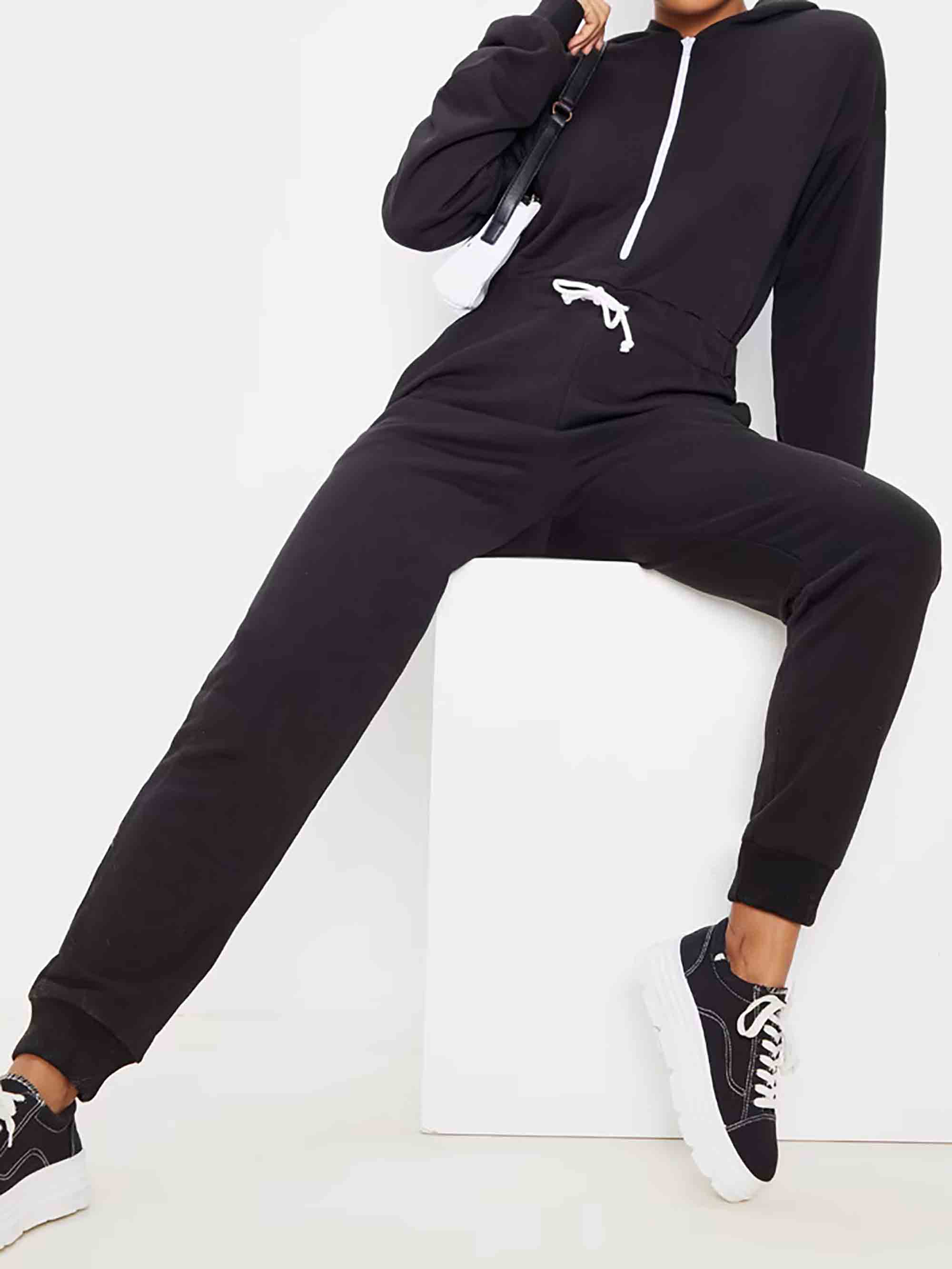 BLACK LONG SLEEVE HOODED SWEAT JUMPSUIT - ThexactStore