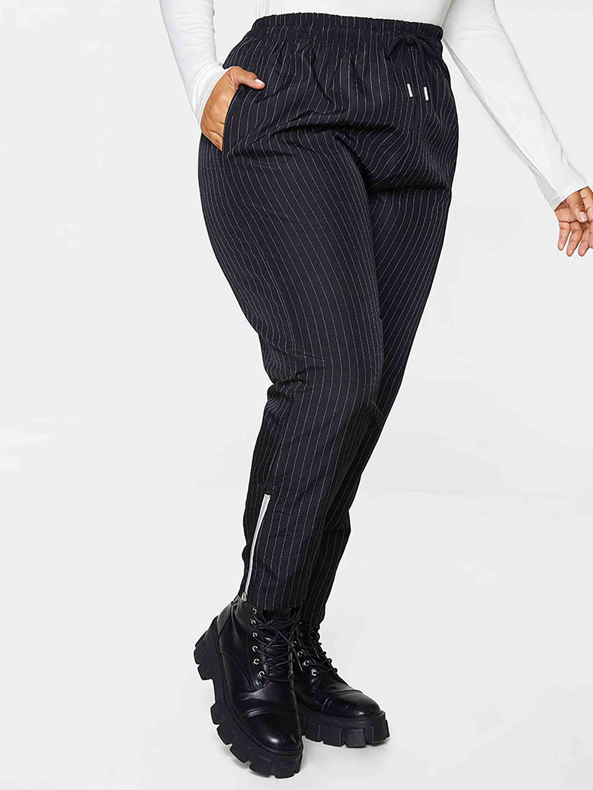 PLUS BLACK PINSTRIPE HIGH WAIST WITH CONTRAST ZIP TROUSERS - ThexactStore