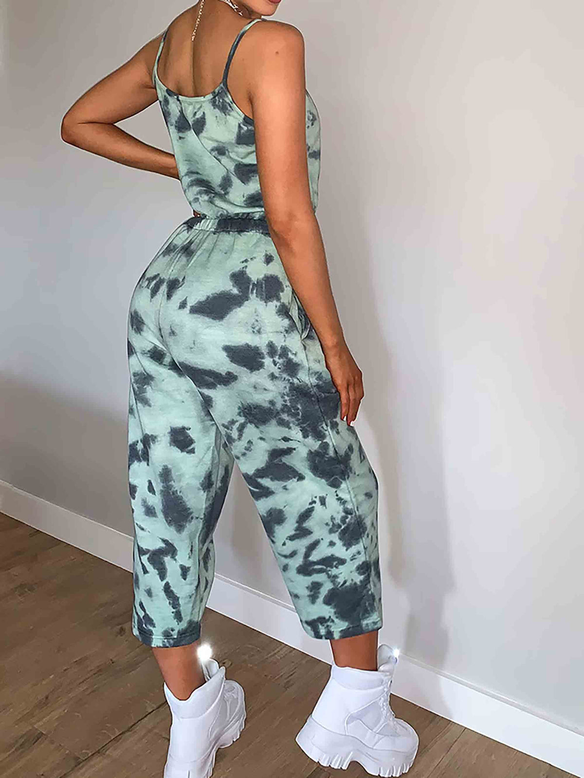 SAGE GREEN TIE DYE STRAPPY SWEAT CULOTTE JUMPSUIT - ThexactStore