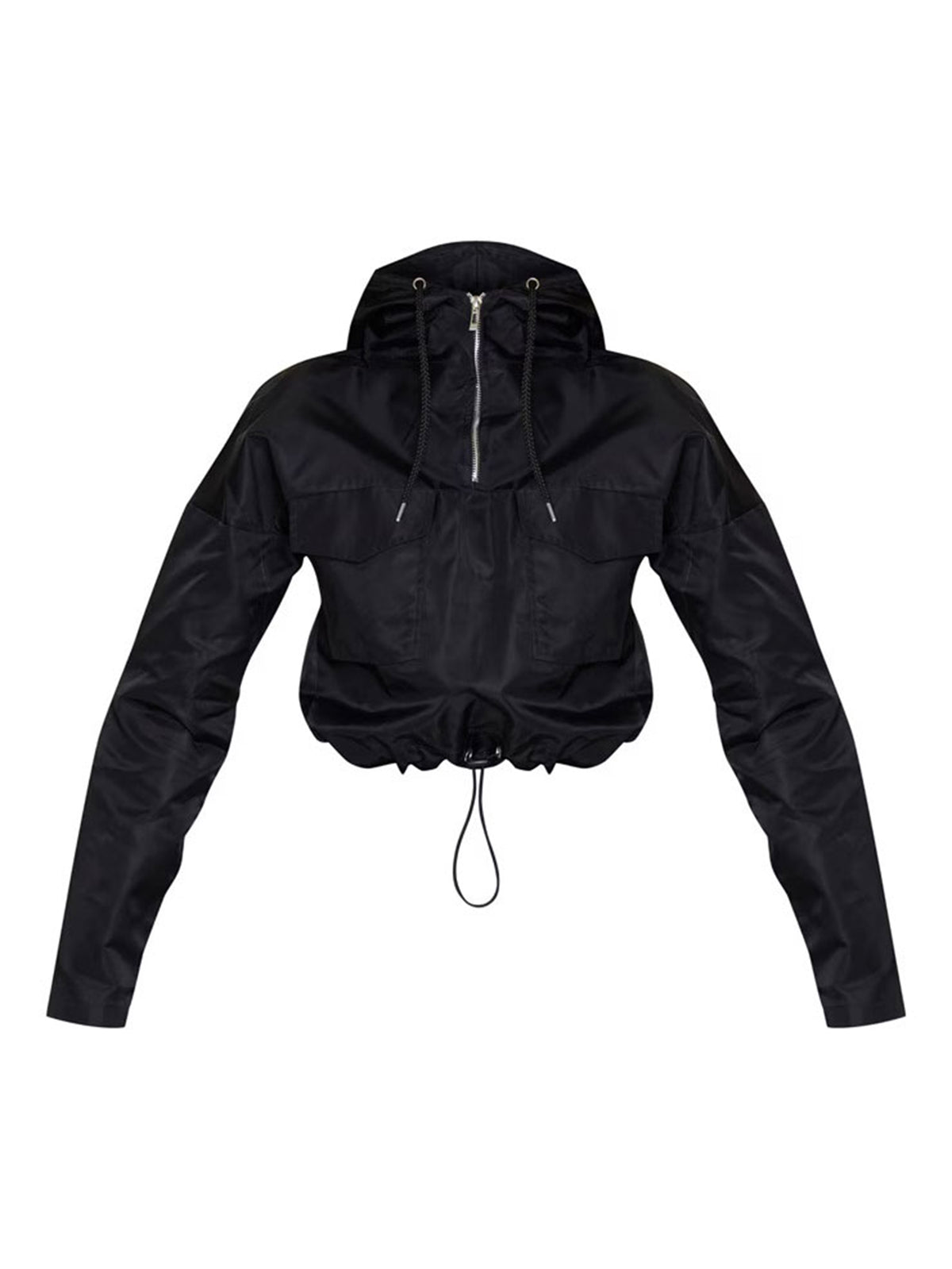 BLACK SHELL HOODED TOGGLE HEM JACKET