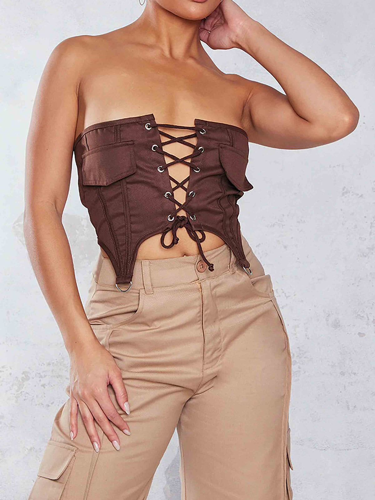 CHOCOLATE CARGO POCKET LACE UP CROP TOP - ThexactStore