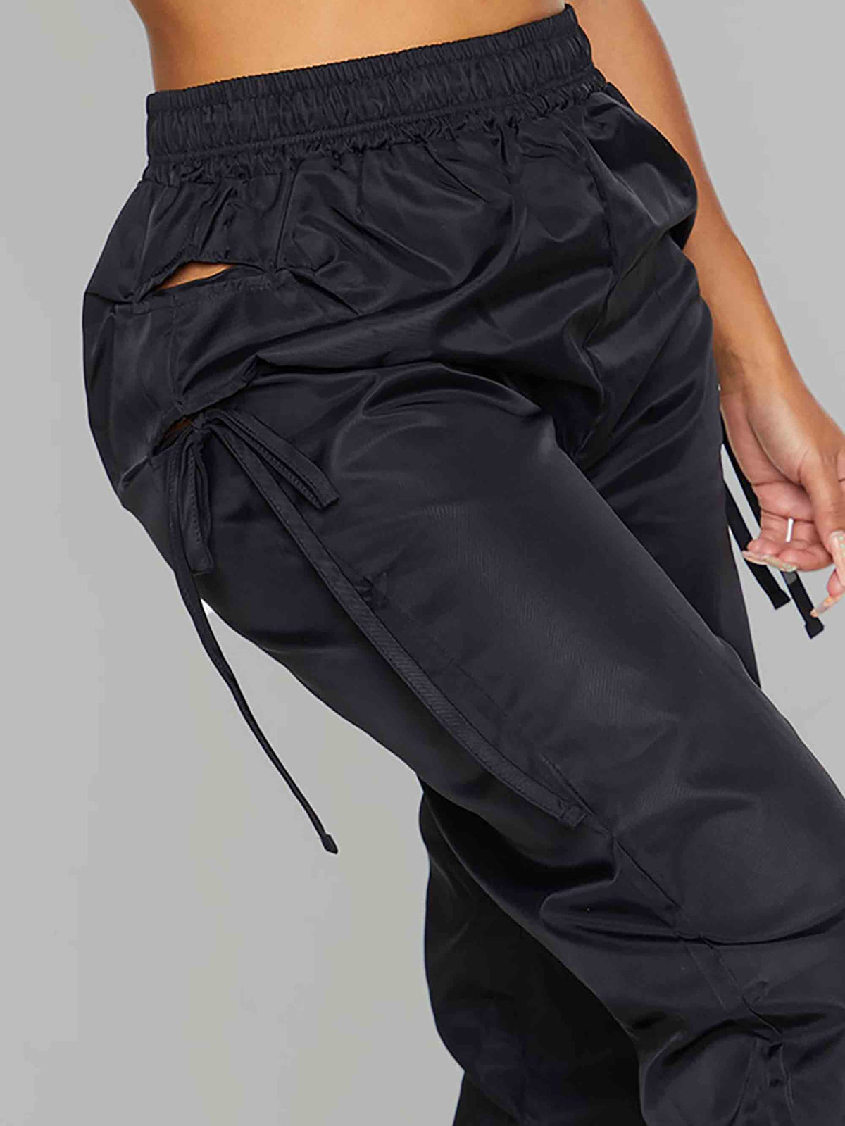 SHAPE BLACK TIE DETAIL CUT OUT SHELL JOGGERS - ThexactStore