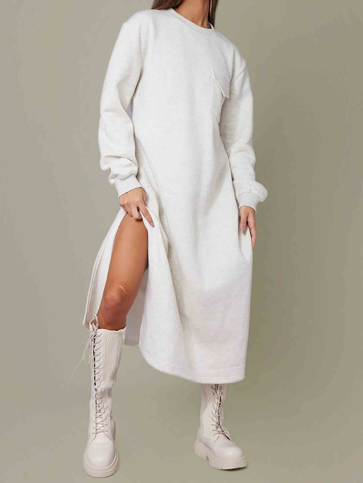 OATMEAL OVERSIZED SPLIT DETAIL MIDAXI FLEECEBACK JUMPER DRESS ThexactStore