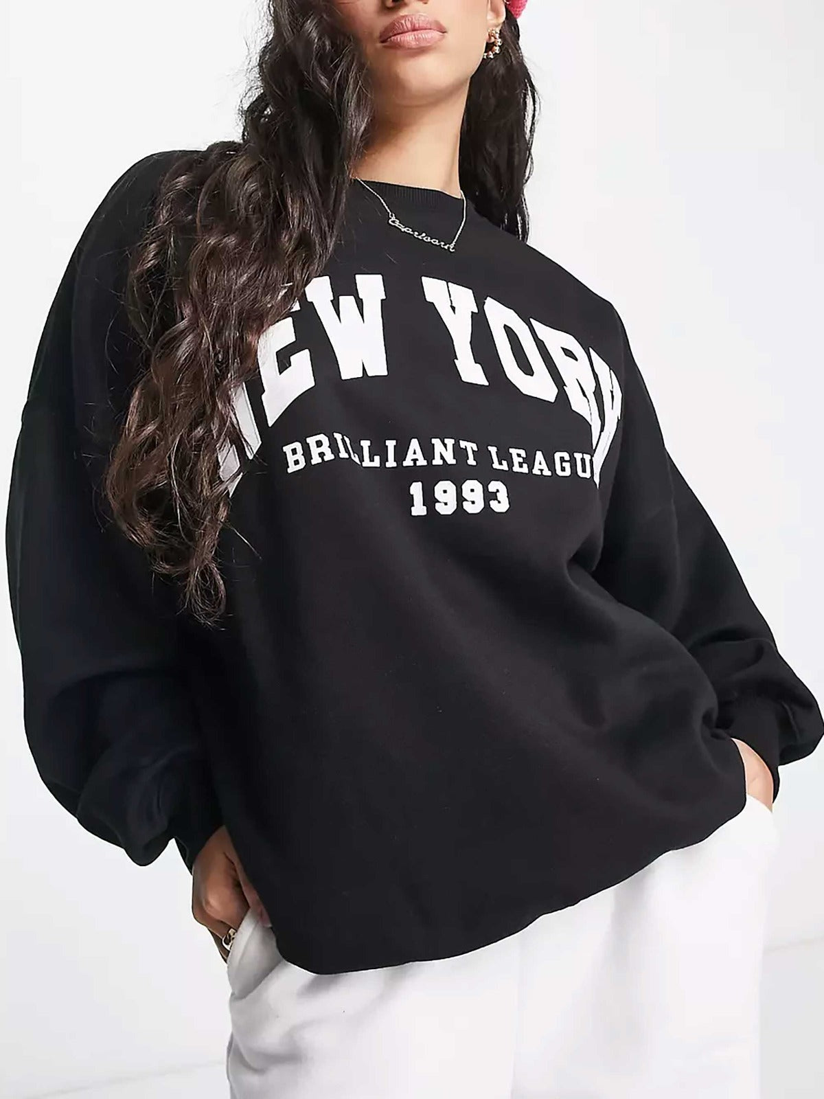 Women Black Oversized Sweatshirts Crew Neck Pullover Long Sleeve Sweat Shirt