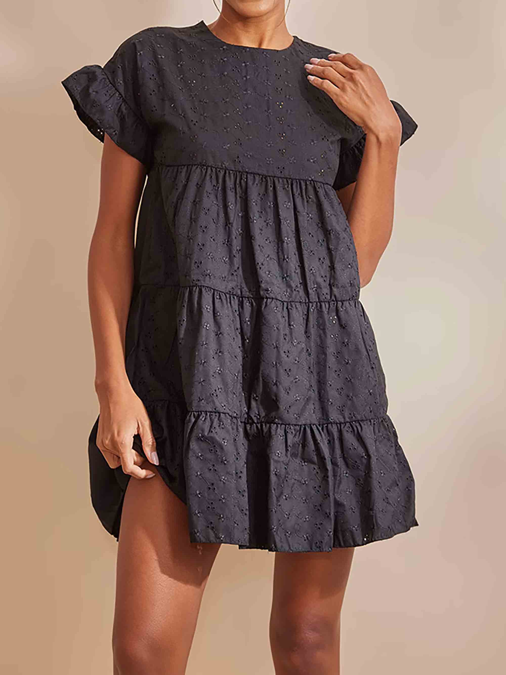 BLACK BRODERIE ANGLAISE SMOCK DRESS - ThexactStore