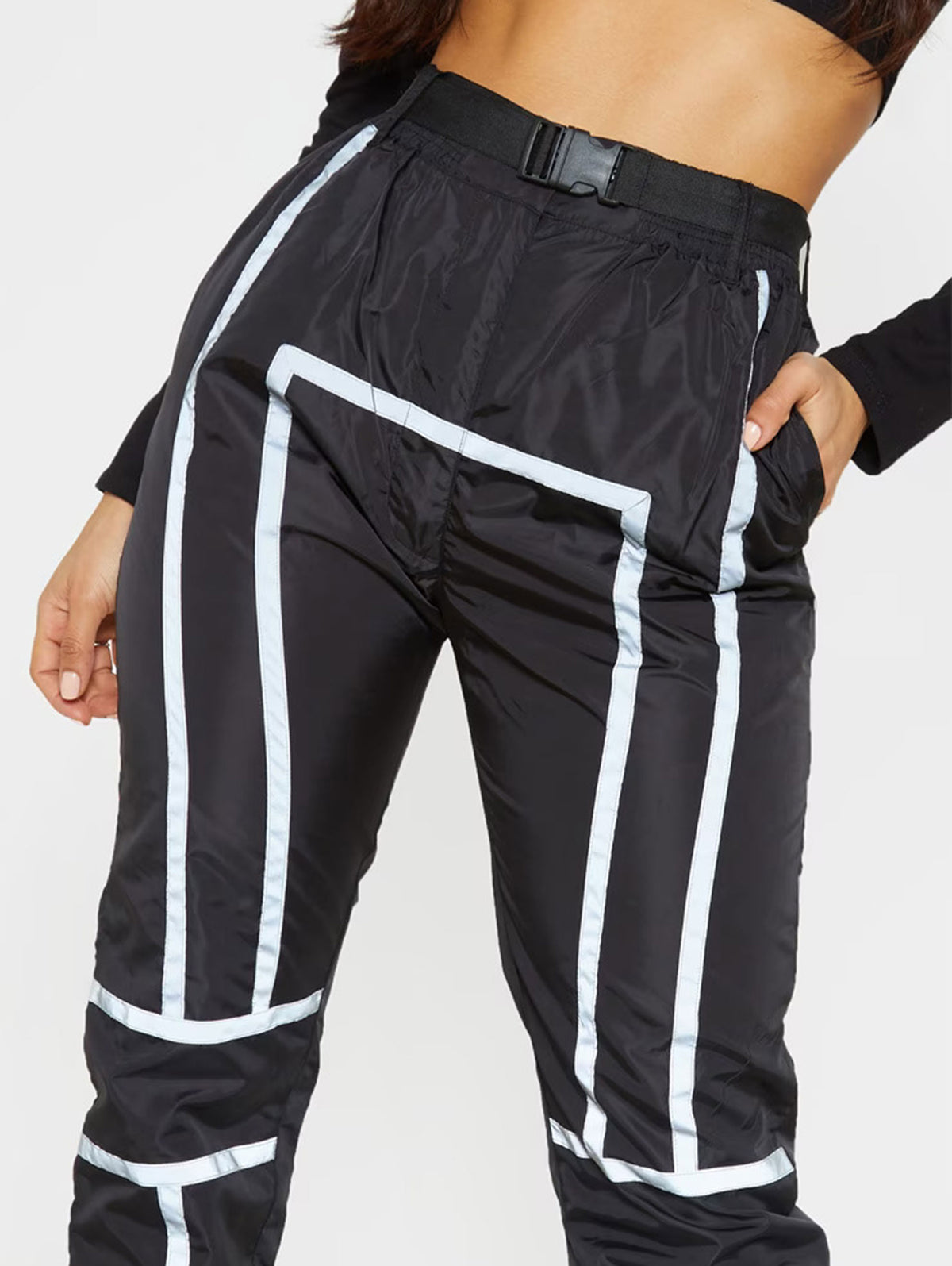 BLACK BELTED REFLECTIVE TAPED CUFFED JOGGERS