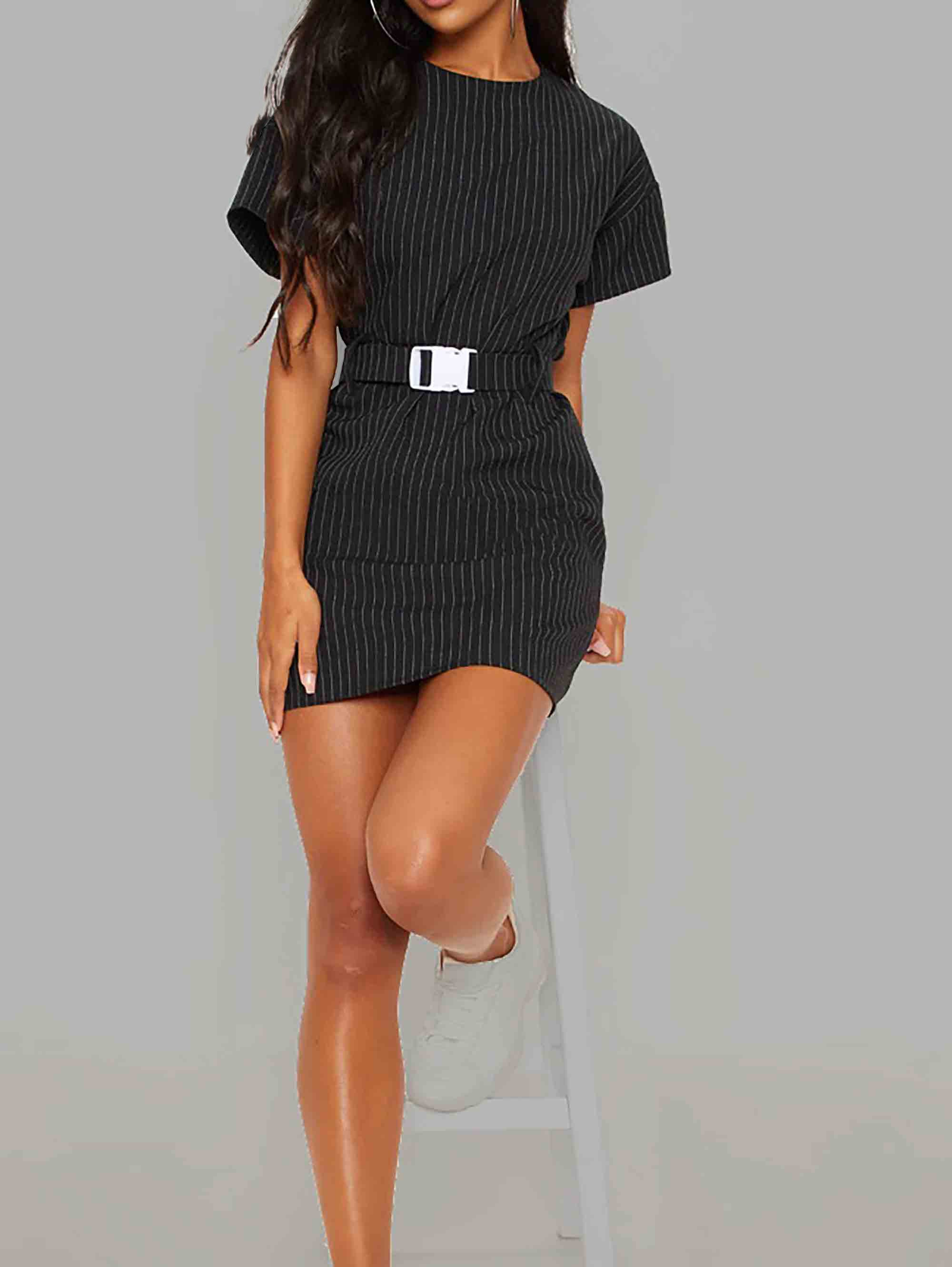 BLACK PIN STRIPE BELT T SHIRT DRESS - ThexactStore