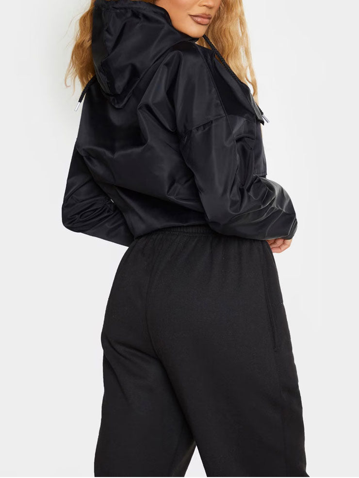 BLACK SHELL HOODED TOGGLE HEM JACKET