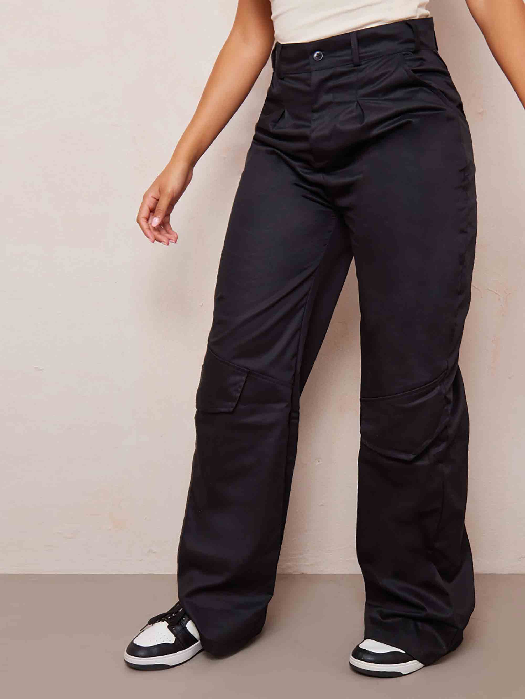 SHAPE BLACK CARGO WIDE LEG POCKET KNEE DETAIL TROUSERS - ThexactStore