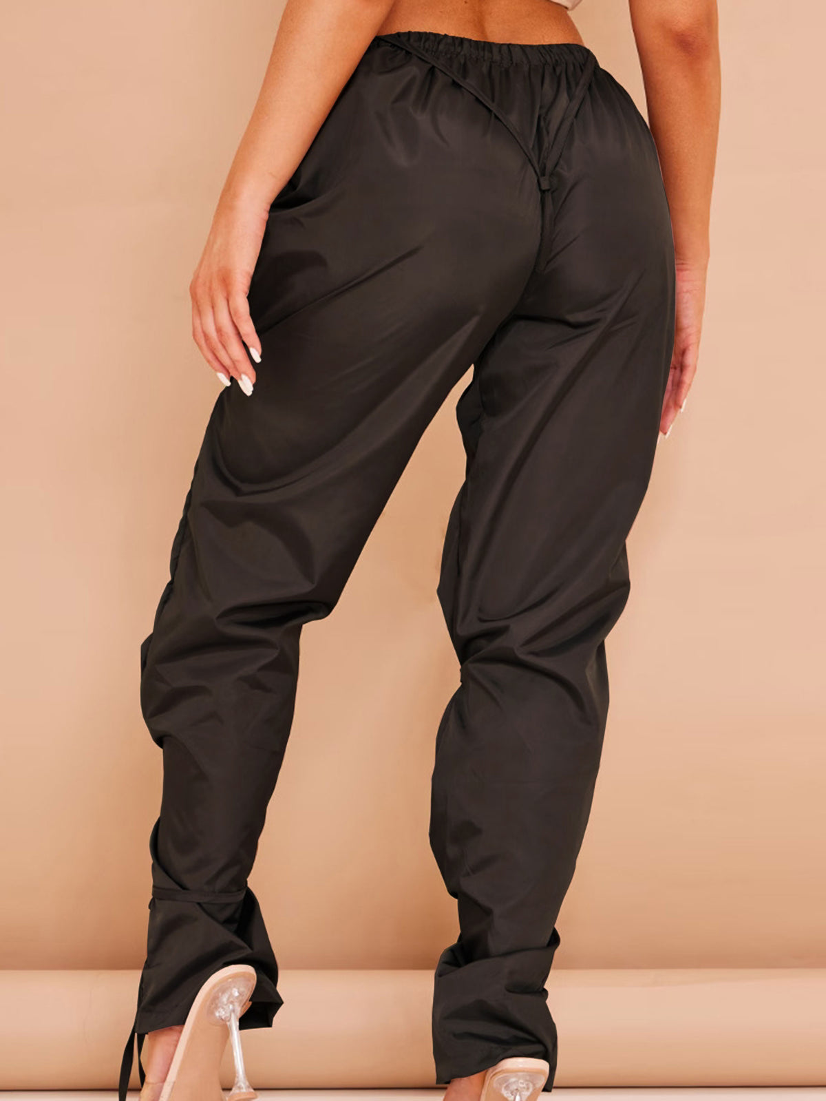 Urban Chic  Black Shell Tie Detail Straight Leg Cargo Pants