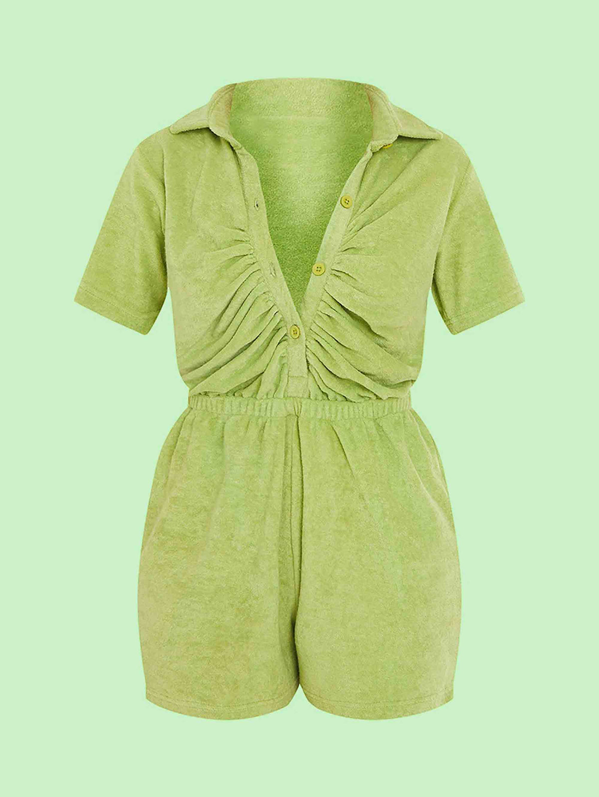 LIME TOWELLING SHORT SLEEVE RUCHED BUTTON PLAYSUIT - ThexactStore