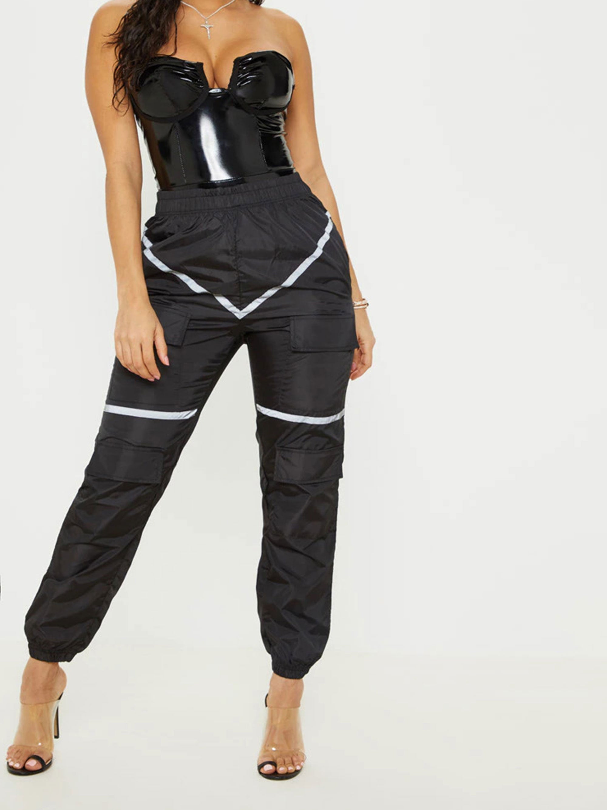 BLACK REFLECTIVE TAPE CARGO TROUSERS - ThexactStore