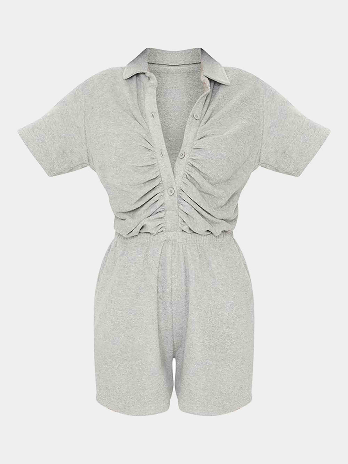 GREY TOWELLING SHORT SLEEVE RUCHED BUTTON PLAYSUIT - ThexactStore