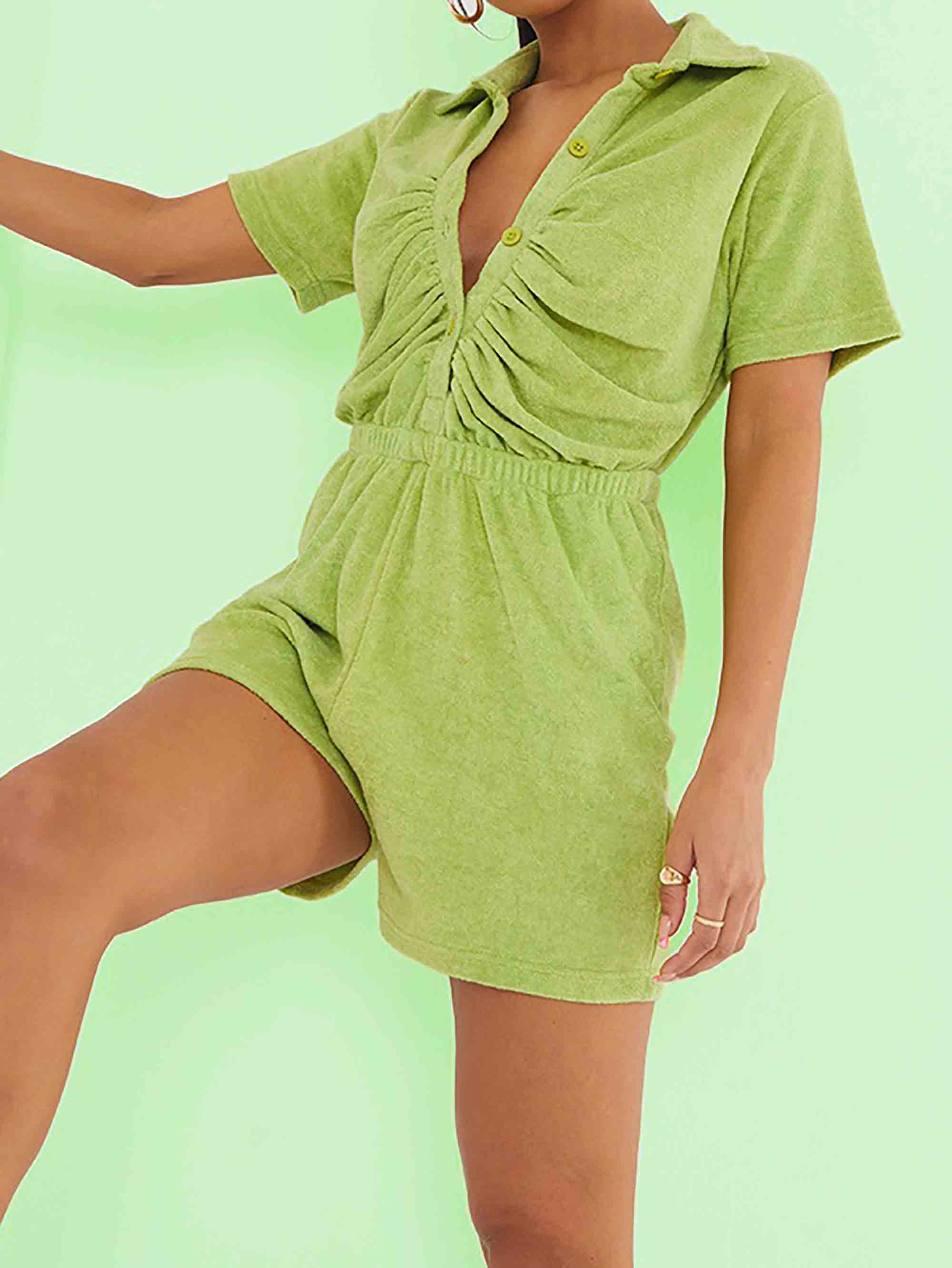 LIME TOWELLING SHORT SLEEVE RUCHED BUTTON PLAYSUIT - ThexactStore