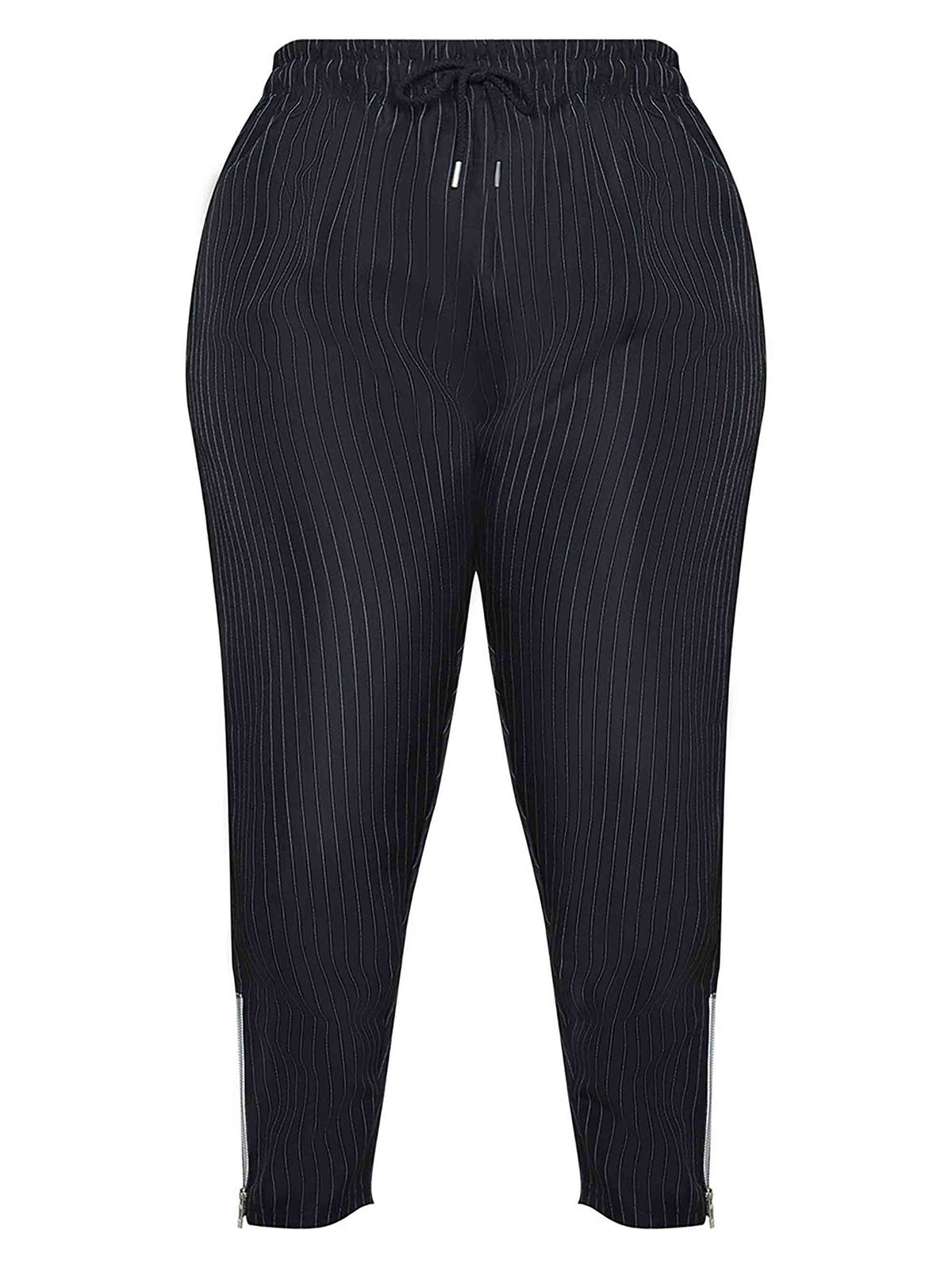 PLUS BLACK PINSTRIPE HIGH WAIST WITH CONTRAST ZIP TROUSERS - ThexactStore