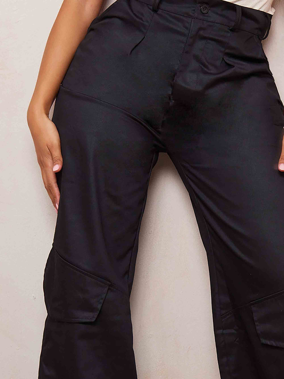 SHAPE BLACK CARGO WIDE LEG POCKET KNEE DETAIL TROUSERS - ThexactStore