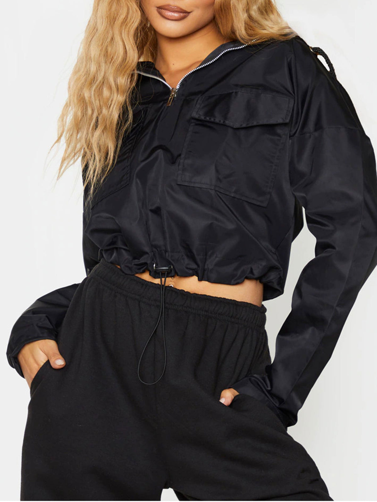 BLACK SHELL HOODED TOGGLE HEM JACKET