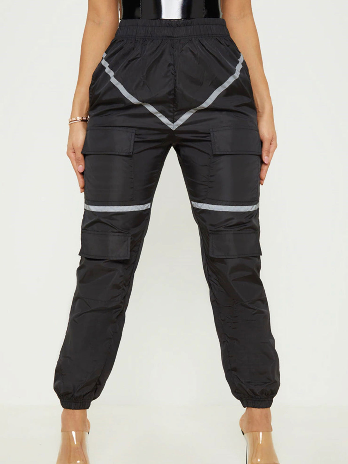 BLACK REFLECTIVE TAPE CARGO TROUSERS - ThexactStore