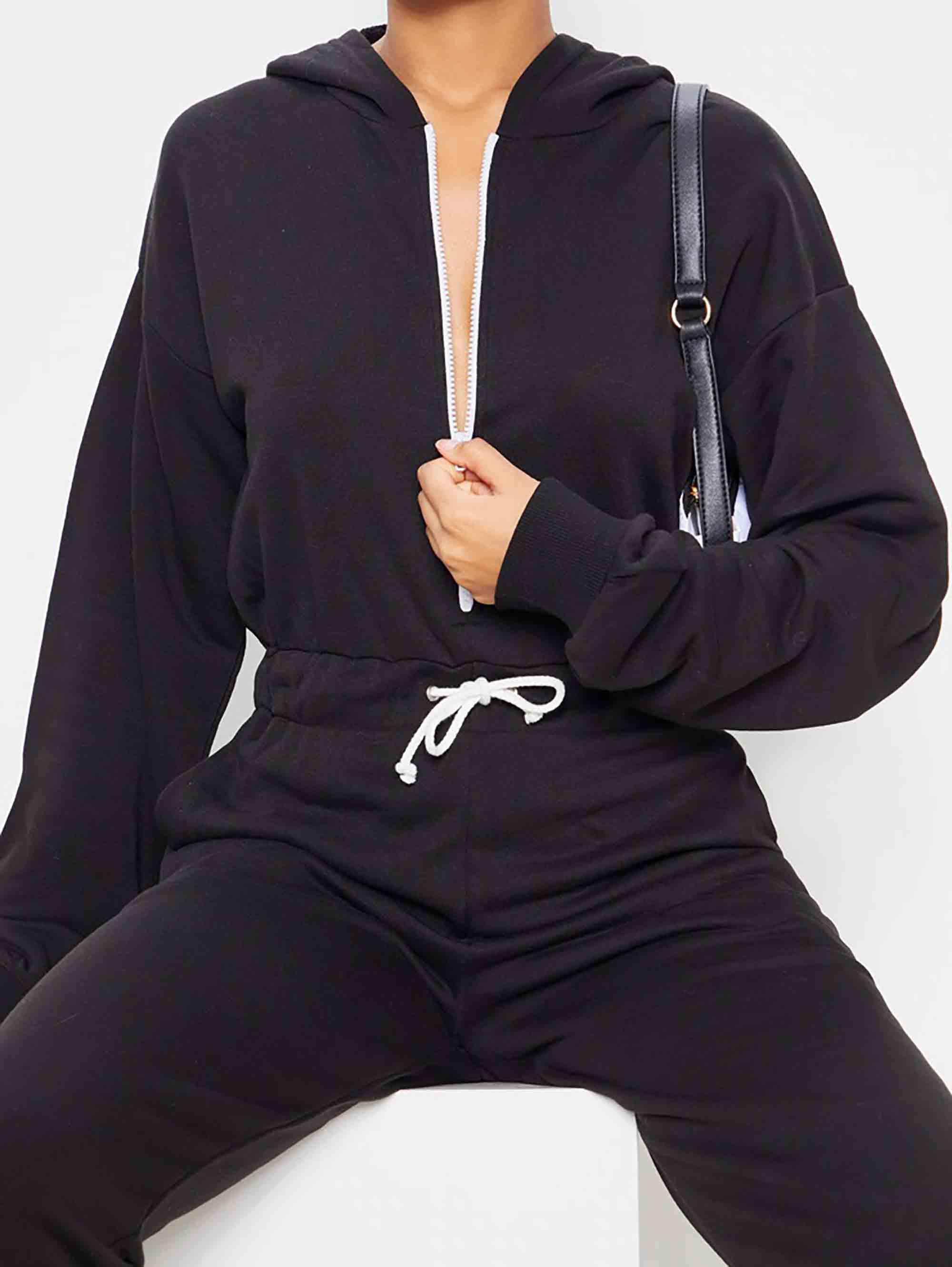 BLACK LONG SLEEVE HOODED SWEAT JUMPSUIT - ThexactStore