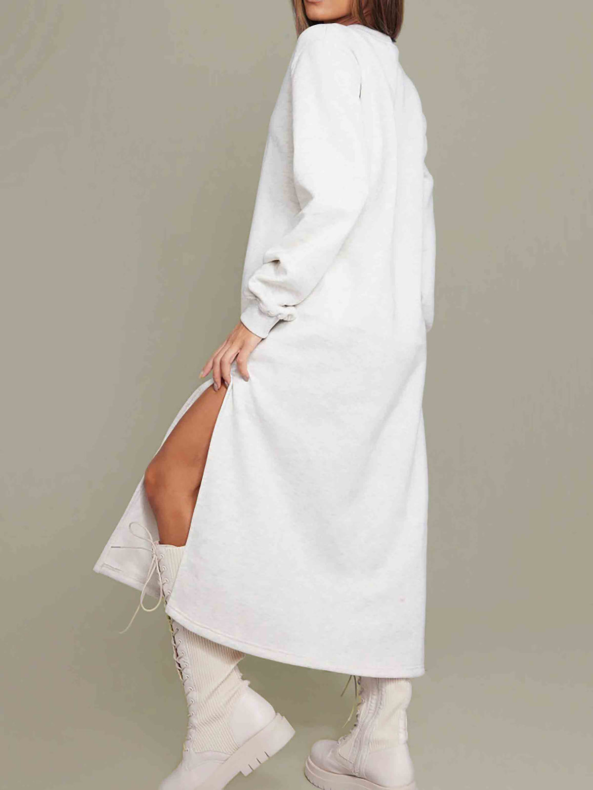 OATMEAL OVERSIZED SPLIT DETAIL MIDAXI FLEECEBACK JUMPER DRESS - ThexactStore