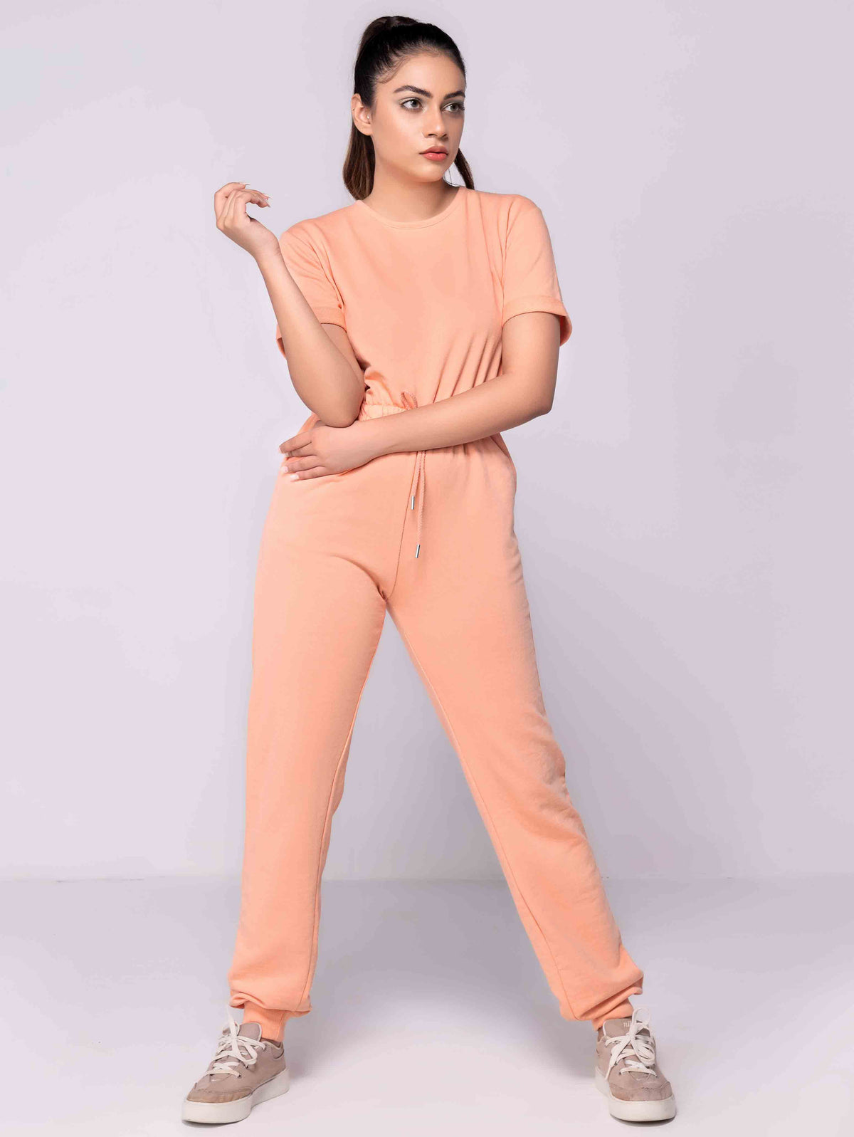 PEACH SHORT SLEEVE SWEAT JUMPSUIT - ThexactStore