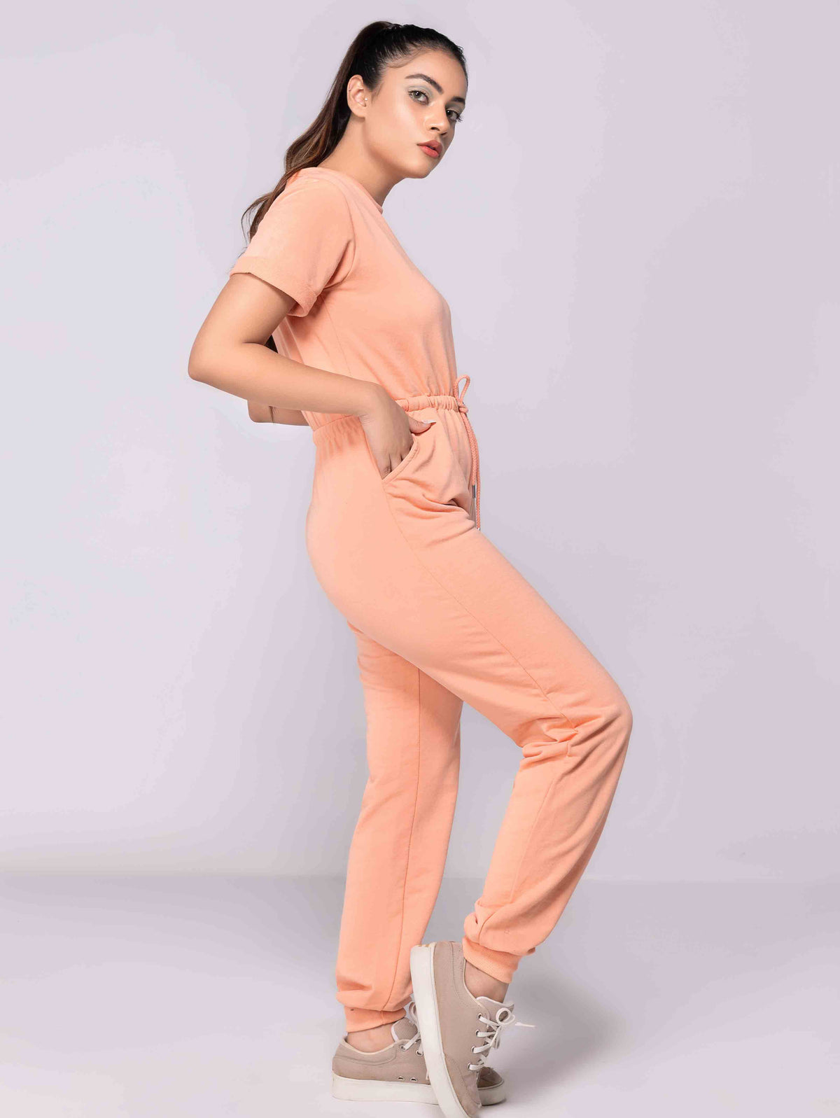 PEACH SHORT SLEEVE SWEAT JUMPSUIT - ThexactStore