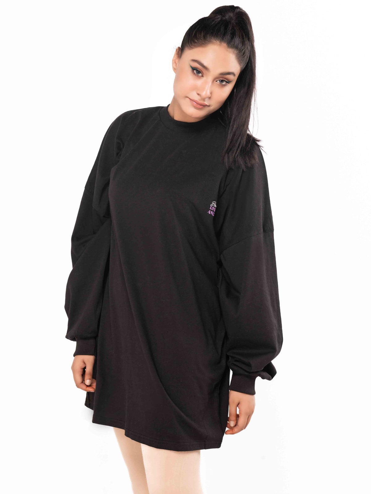 Women Black Oversized Long Sleeve Round Neck Jersey Printed Back T-Shirt Dress