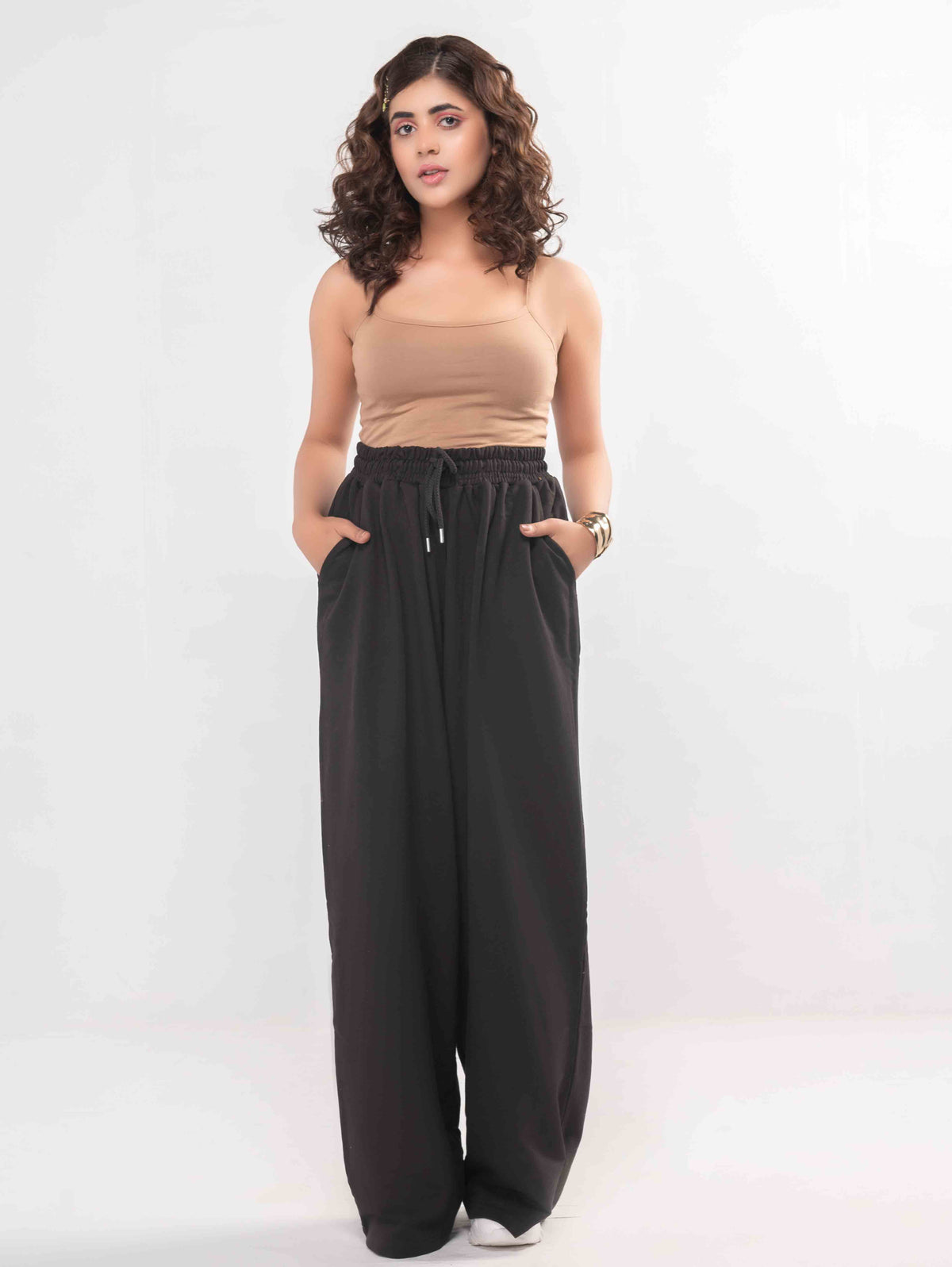 Women&#39;s French Terry 260 GSM Black Drawstring Slouch Wide Leg Pants Trousers