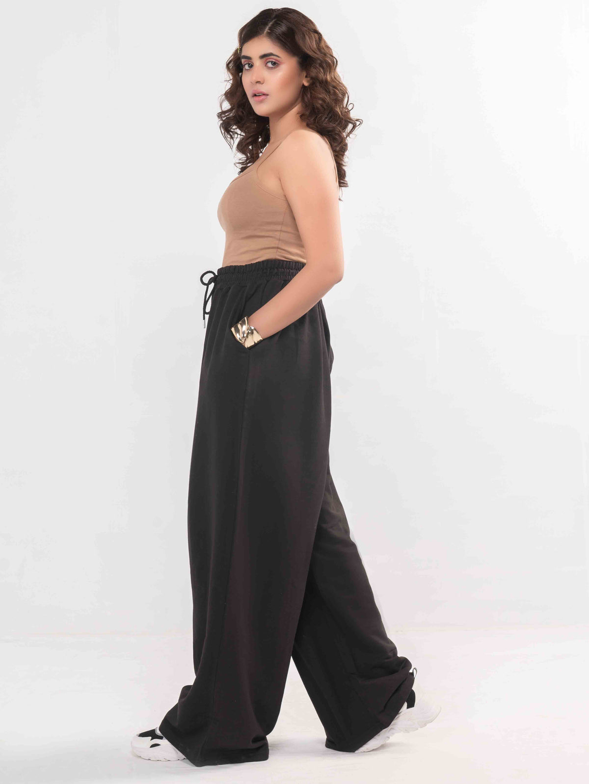 Women&#39;s French Terry 260 GSM Black Drawstring Slouch Wide Leg Pants Trousers