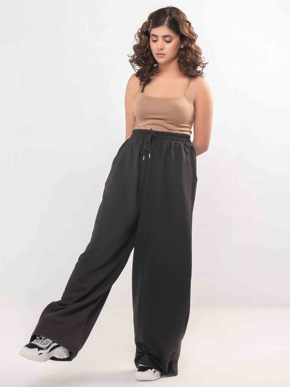 Women&#39;s French Terry 260 GSM Black Drawstring Slouch Wide Leg Pants Trousers