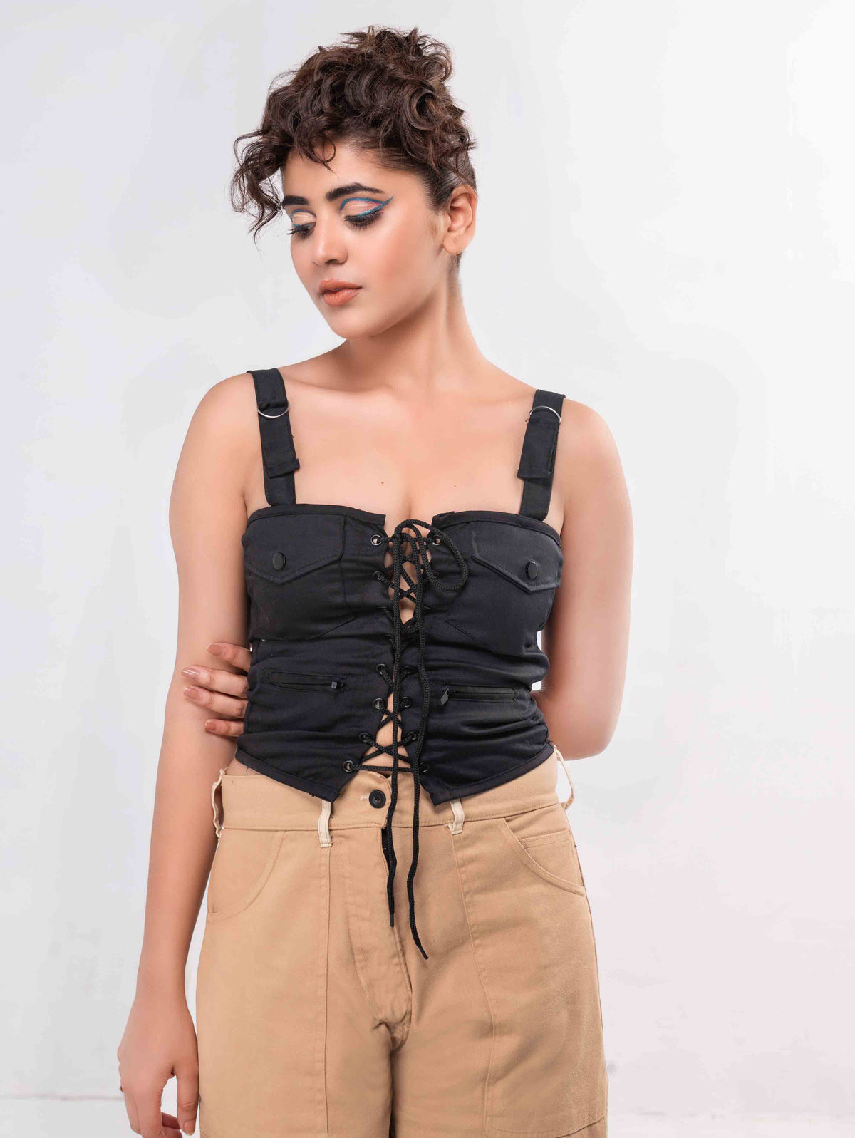 BLACK CARGO POCKET LACE UP CROP TOP - ThexactStore