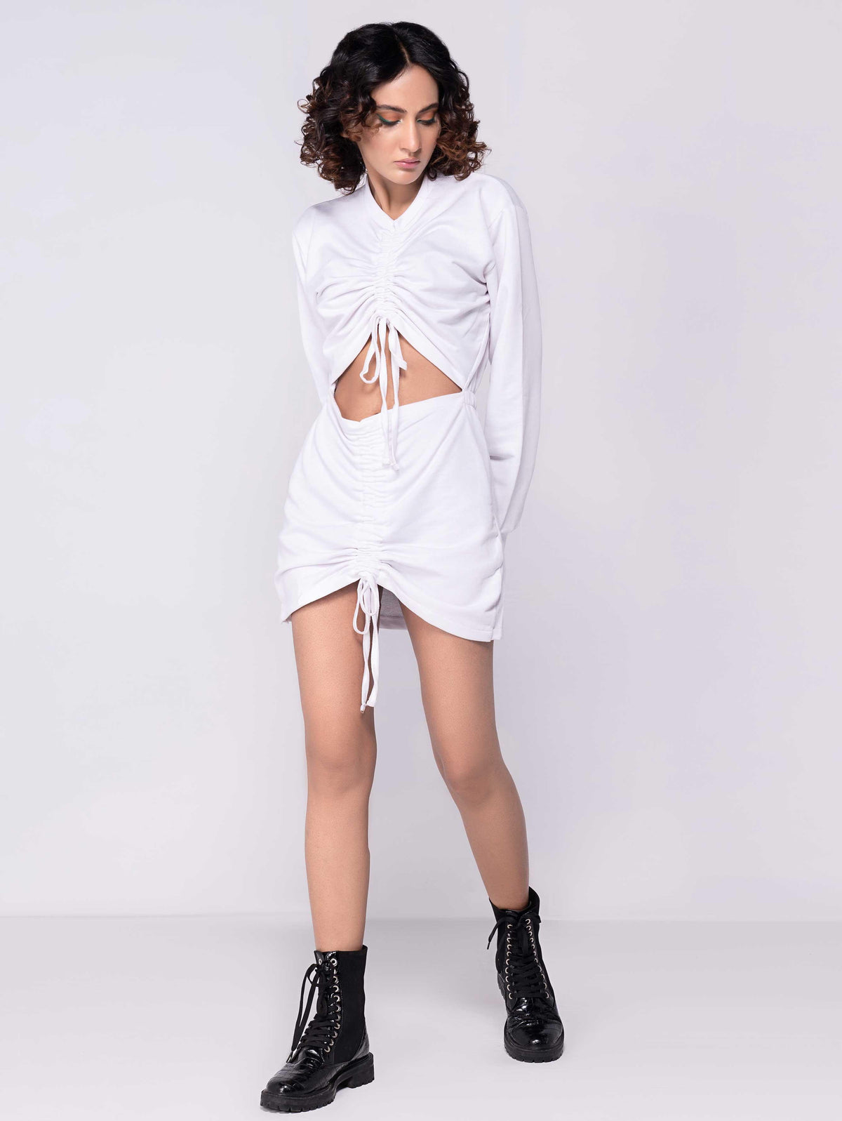 WHITE RUCHED FRONT CUT OUT DETAIL JUMPER DRESS - ThexactStore