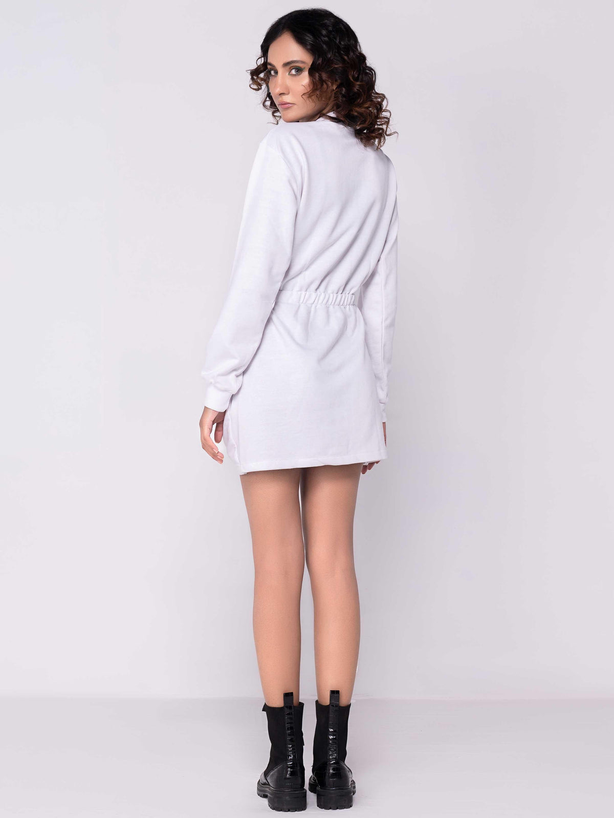 WHITE RUCHED FRONT CUT OUT DETAIL JUMPER DRESS - ThexactStore