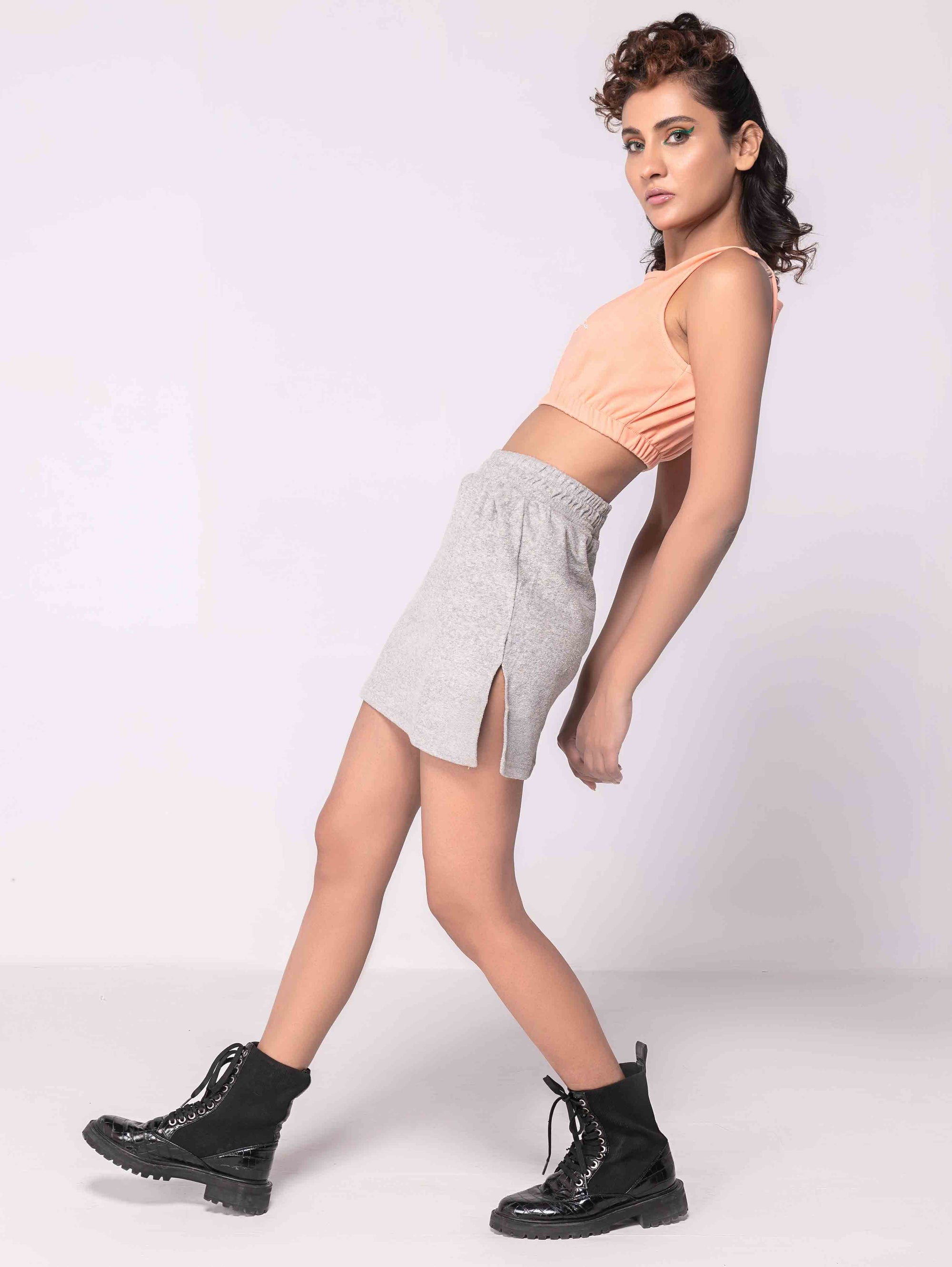 GREY TOWELLING SPLIT HEM MINI SKIRT - ThexactStore