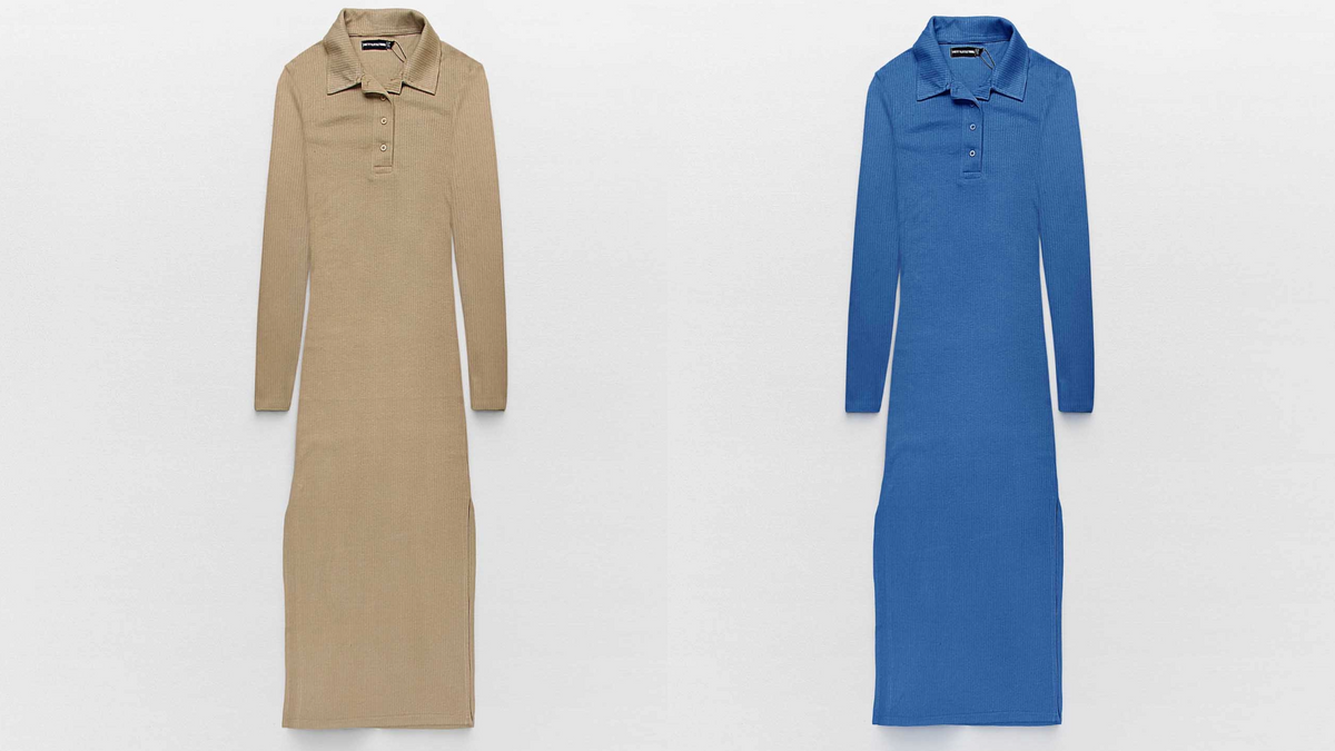 long sleeve ribbed midaxi dress featuring v neck with polo collar and split hem detail