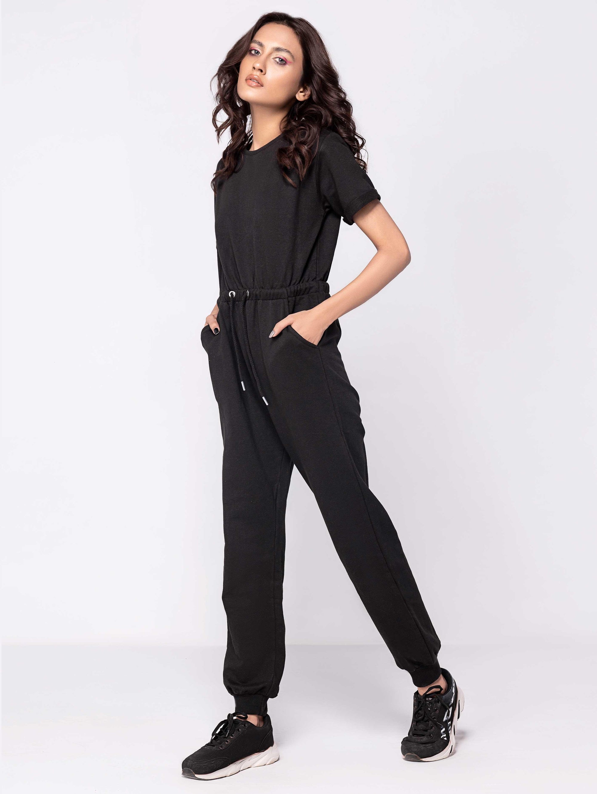 BLACK SHORT SLEEVE SWEAT JUMPSUIT - ThexactStore