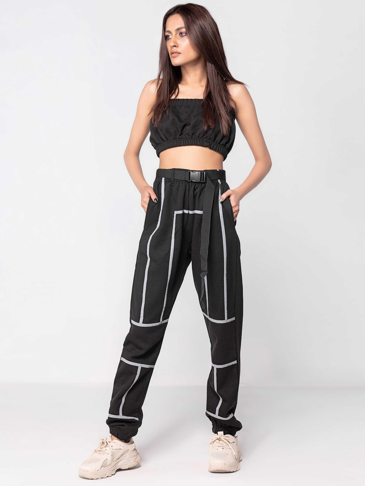 BLACK BELTED REFLECTIVE TAPED CUFFED JOGGERS - ThexactStore