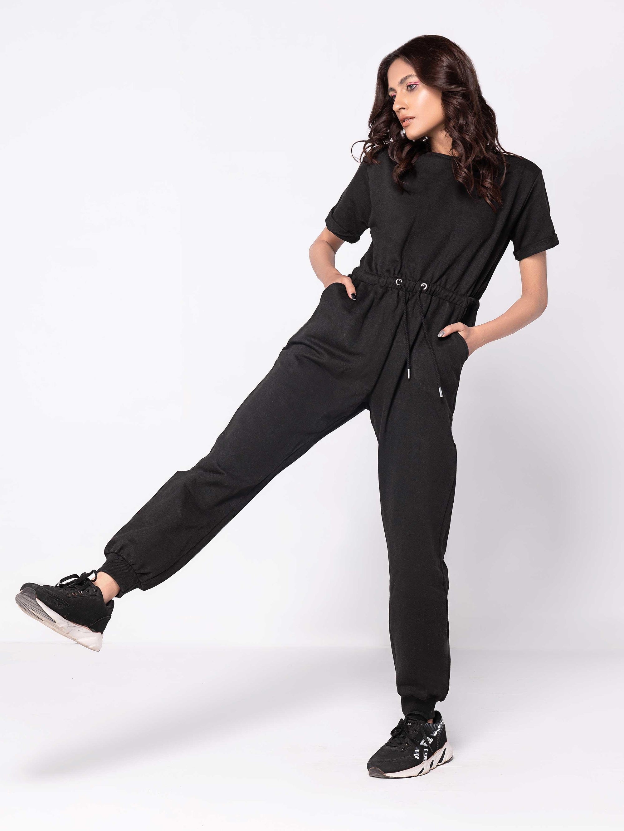 BLACK SHORT SLEEVE SWEAT JUMPSUIT - ThexactStore