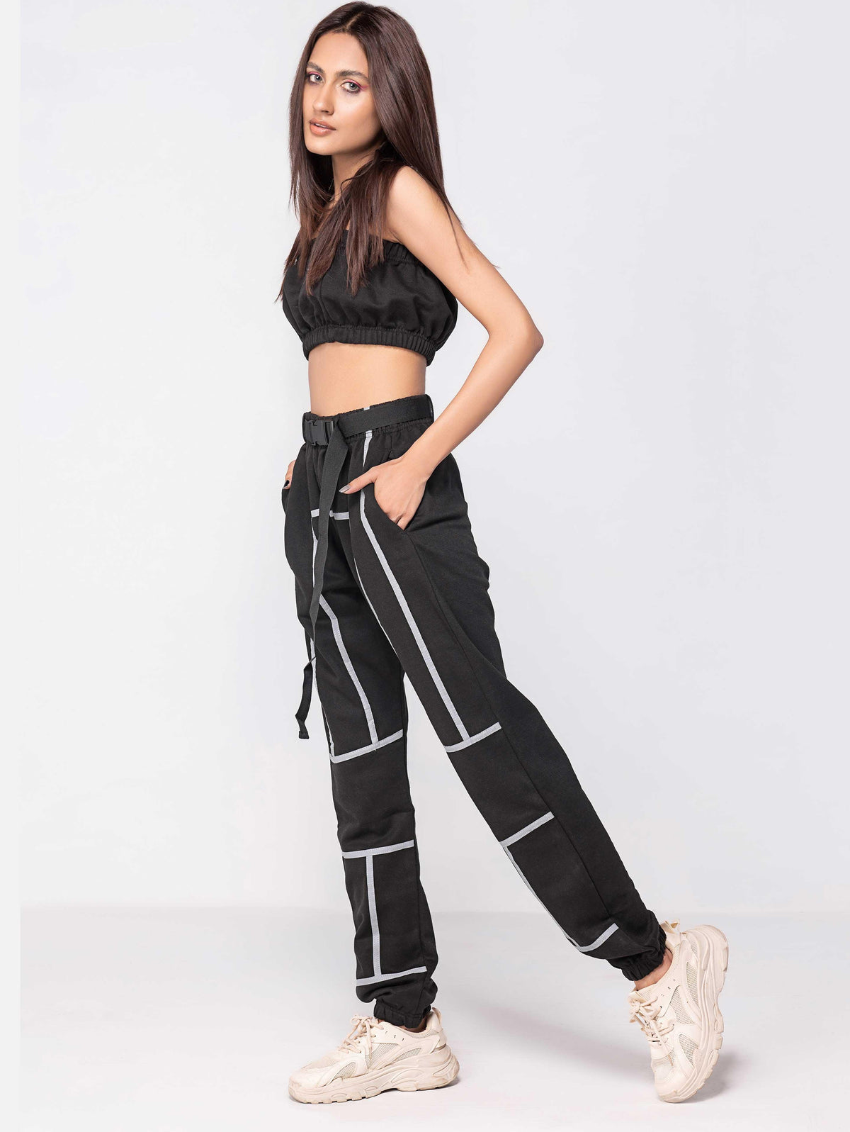 BLACK BELTED REFLECTIVE TAPED CUFFED JOGGERS - ThexactStore