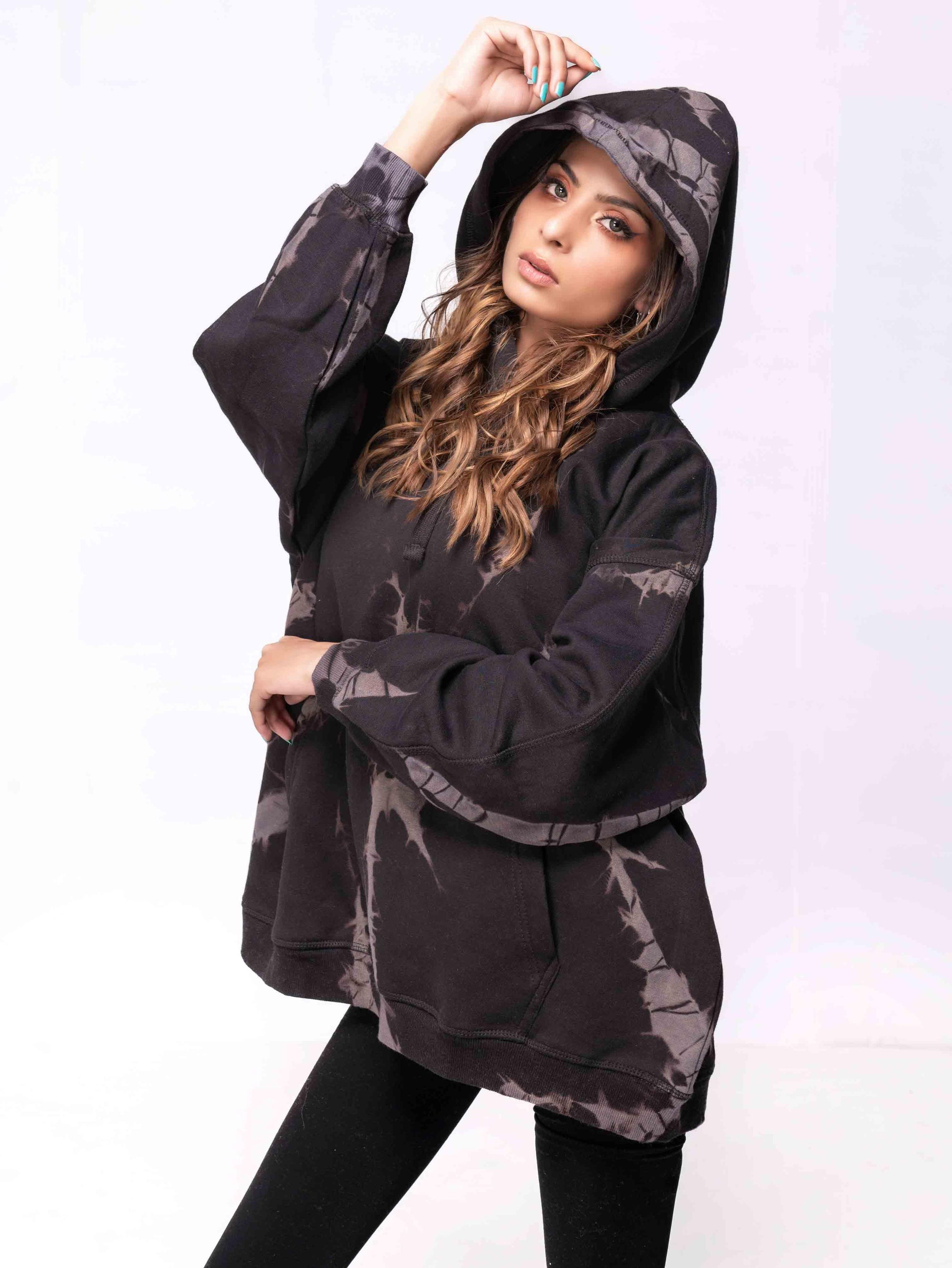 BLACK GREY TIE & DYE OVERSIZED HOODIE - ThexactStore