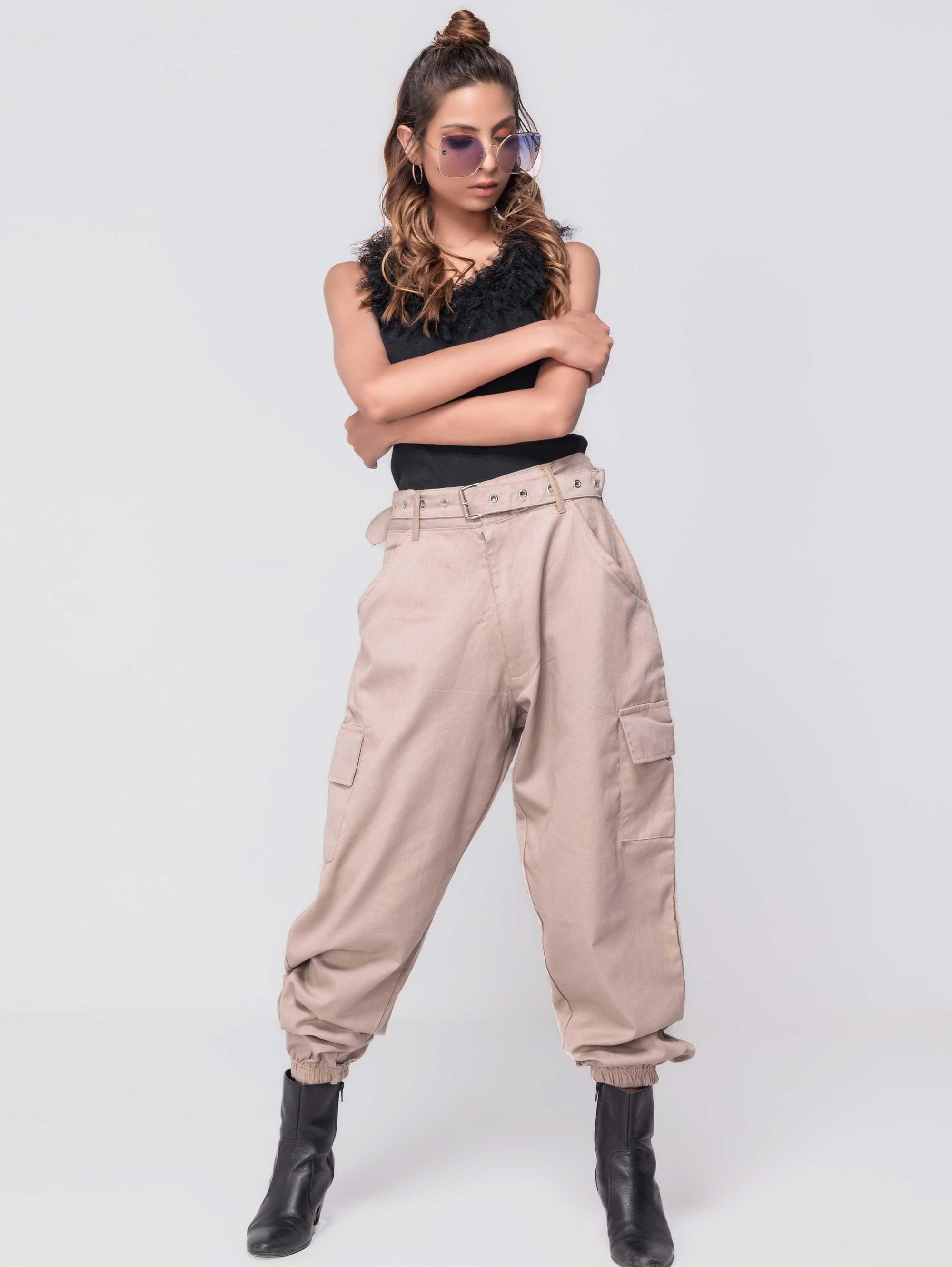 STONE EYELET DETAIL BELTED CARGO TROUSERS - ThexactStore