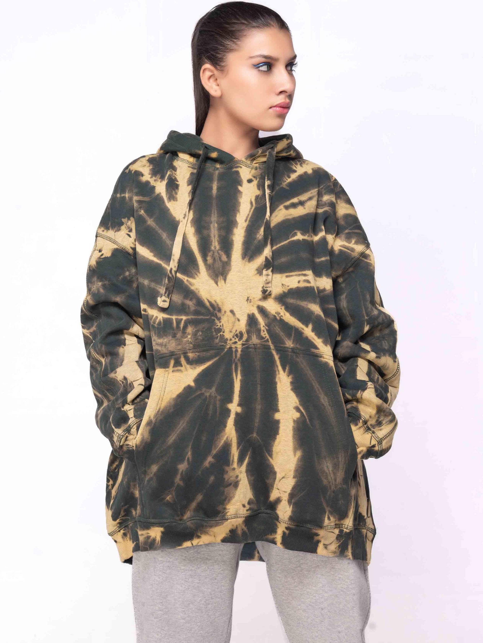 BOTTLE GREEN BEIGE TIE & DYE OVERSIZED PULLOVER HOODIE - ThexactStore