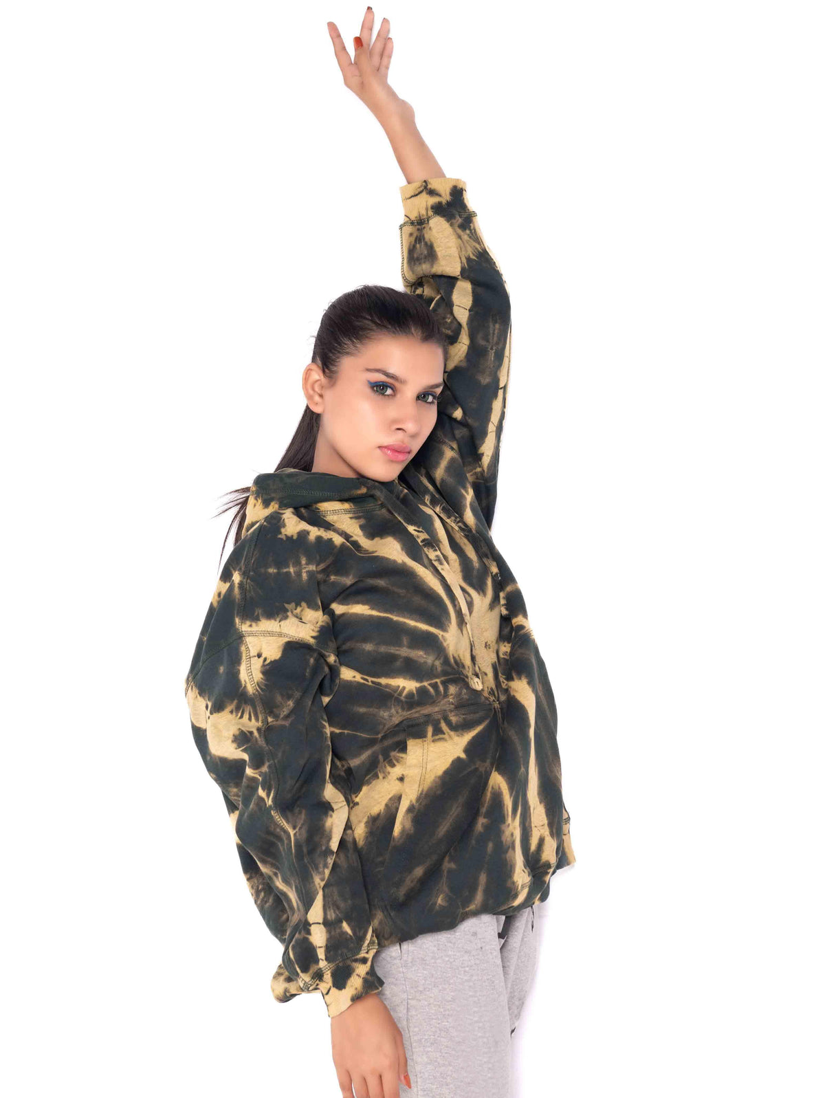 BOTTLE GREEN BEIGE TIE &amp; DYE OVERSIZED PULLOVER HOODIE - ThexactStore